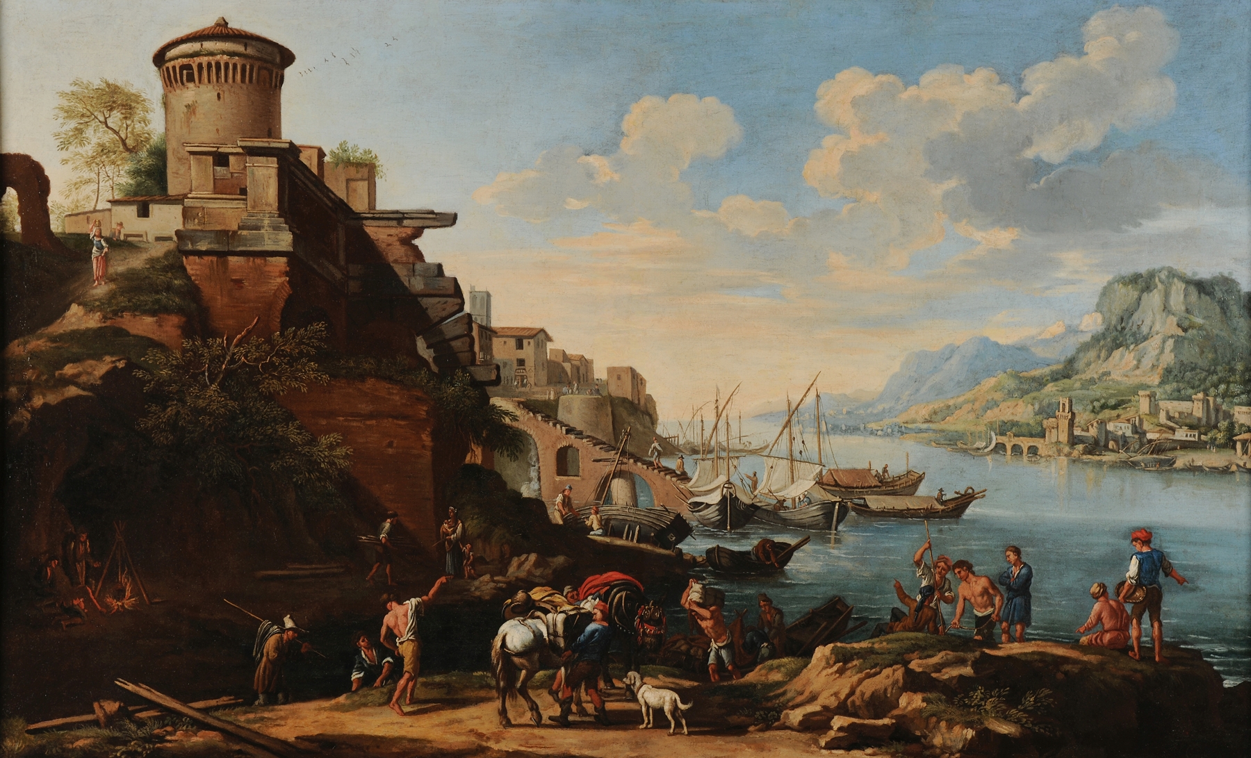 Oil painting by French School depicting a tranquil landscape with a soft sky.