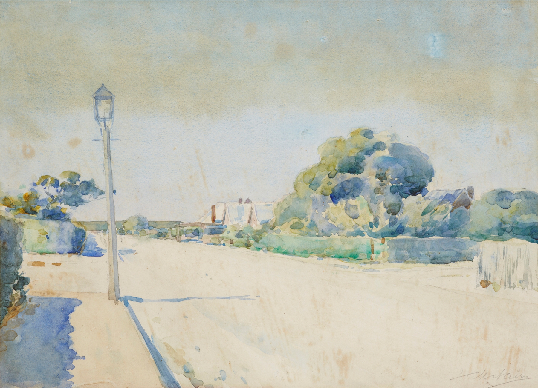 Street scene by James Nairn, impressionism, depicting urban buildings and shadows.