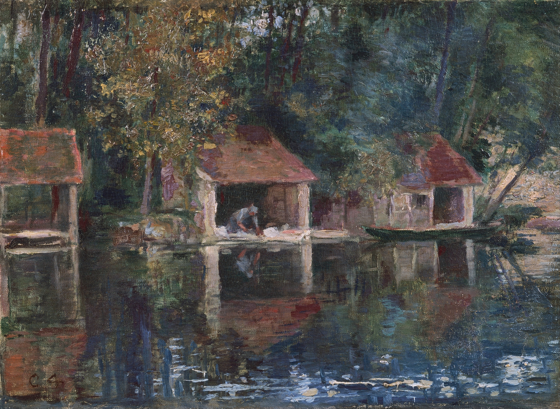 Washing Place in Grez-sur-Loing, oil on canvas by Asai Chū, depicting figures at a tranquil water's edge.