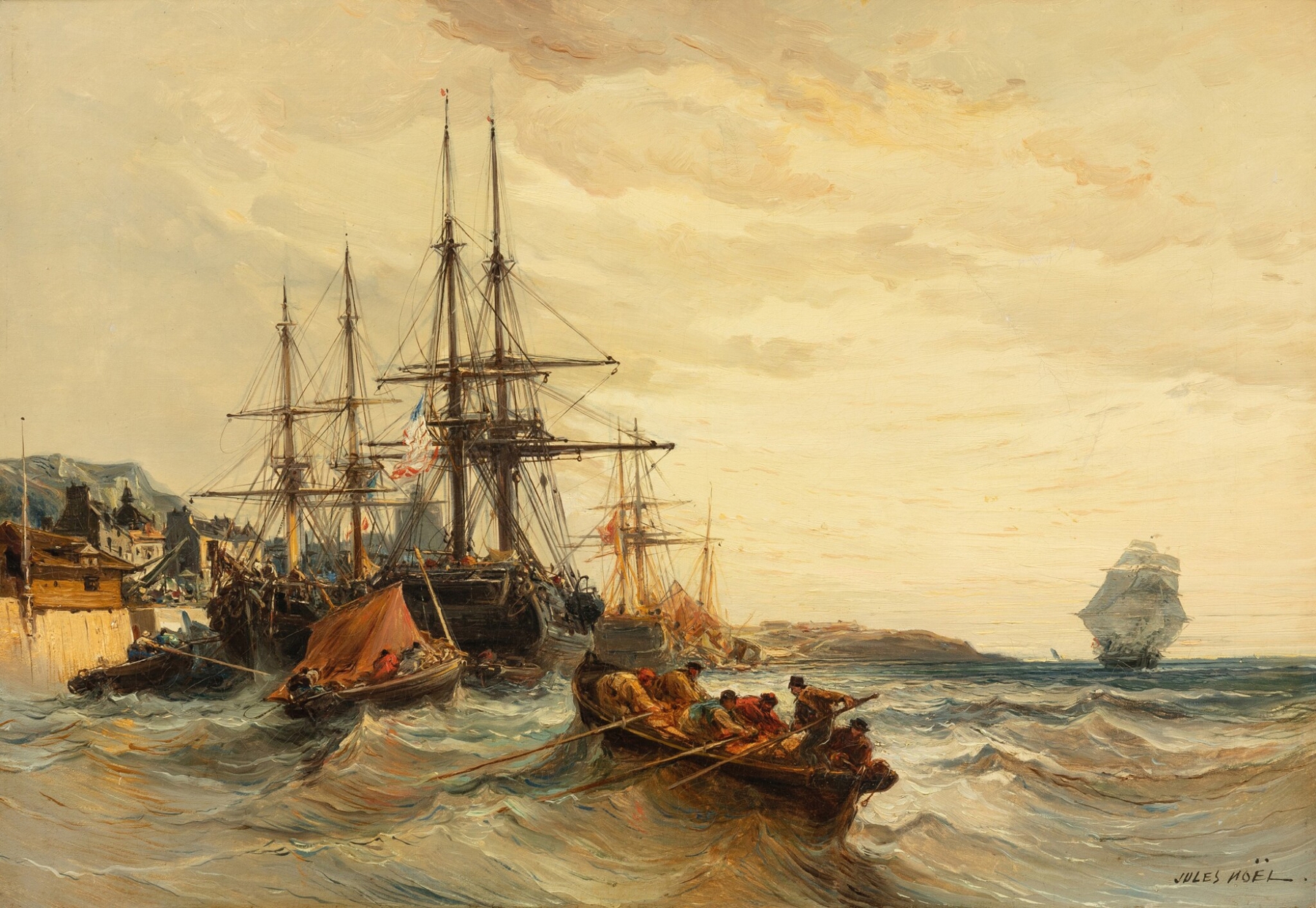 Marine scene with boats in port, oil painting by Jules-Achille Noël