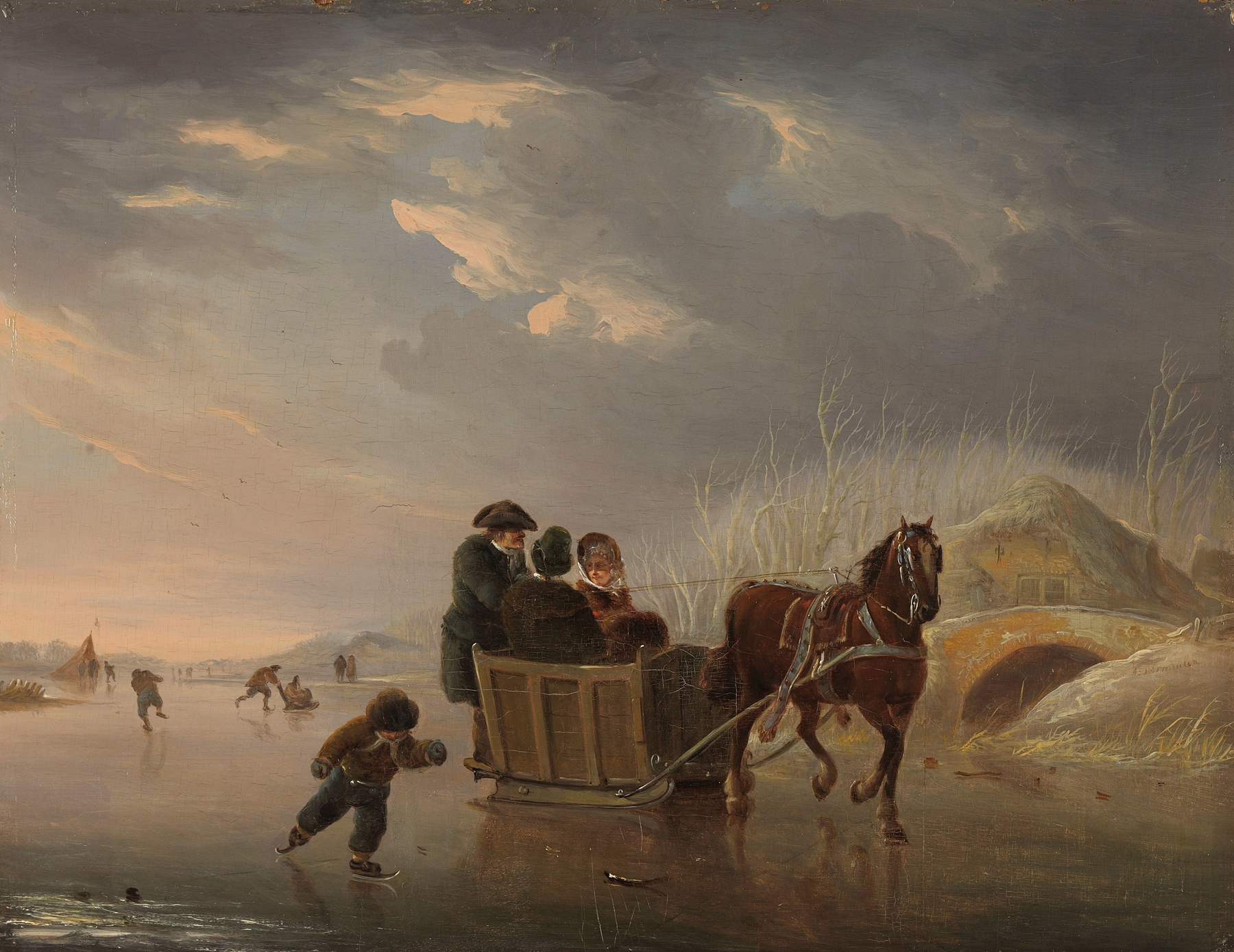 Winter Scene (Horse-Sleigh on the Ice) by Andries Vermeulen, oil painting depicting a snowy landscape with a sleigh.