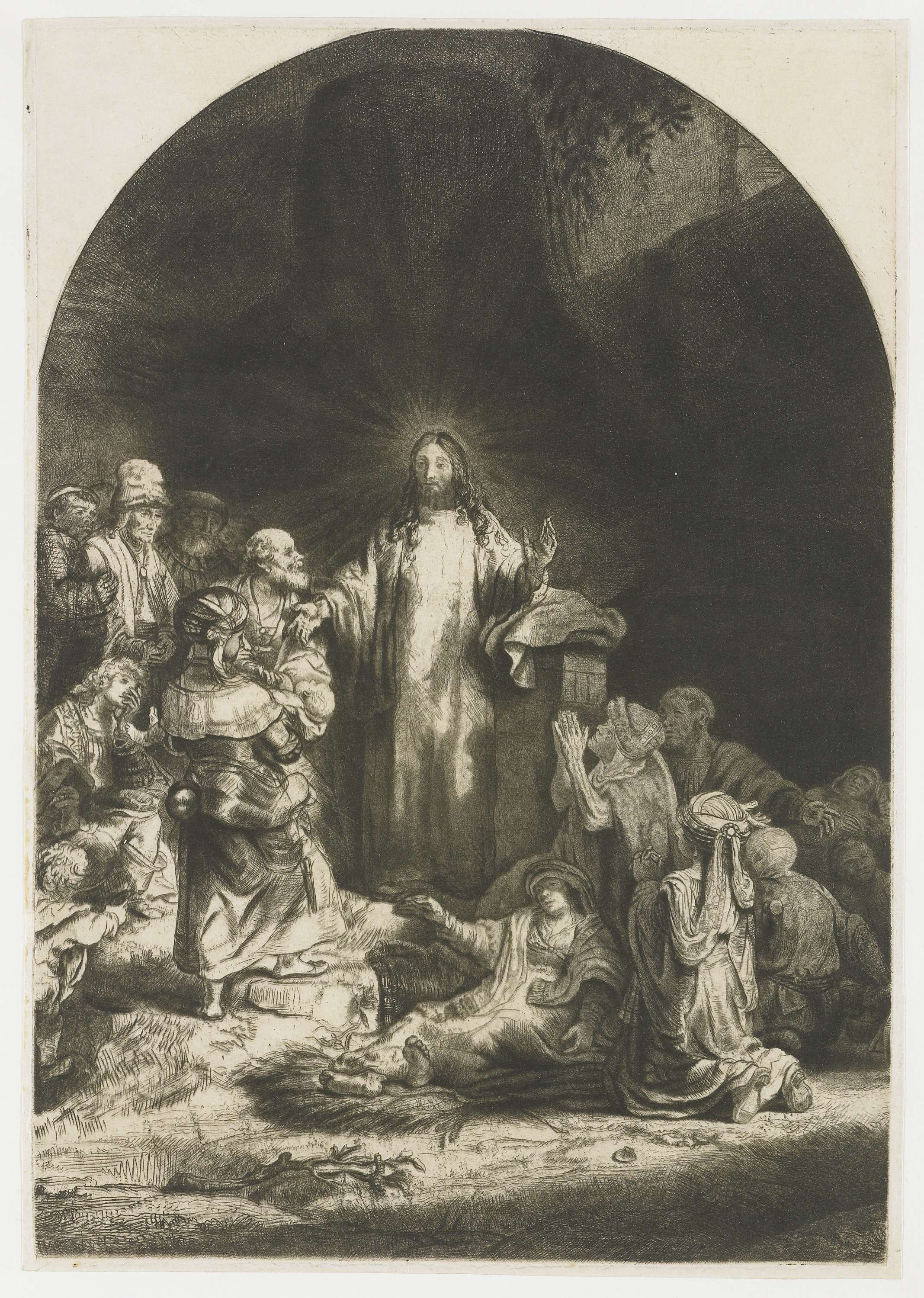 The Hundred Guilder Print: the central piece with Christ preaching, the plate arched, by Rembrandt van Rijn, public domain