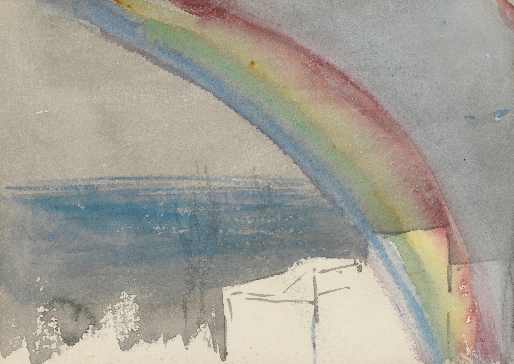 Landscape with Rainbow, oil on canvas by Barbara Bodichon, featuring hills and a colorful rainbow.