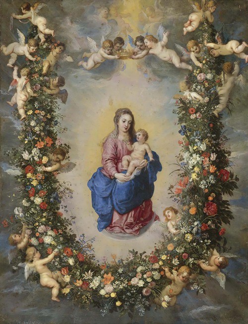 A painting of the Virgin and Child surrounded by cherubs and flowers.