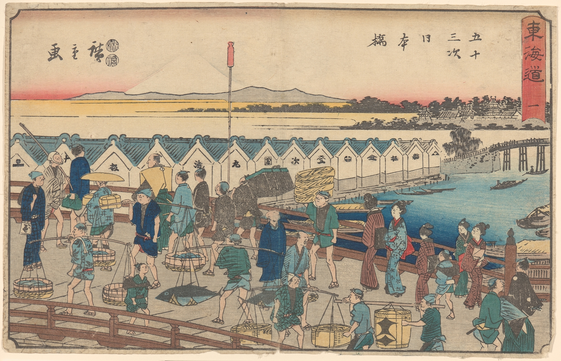 Nihonbashi, Porters, etc. on Bridge by Utagawa Hiroshige, Ukiyo-e