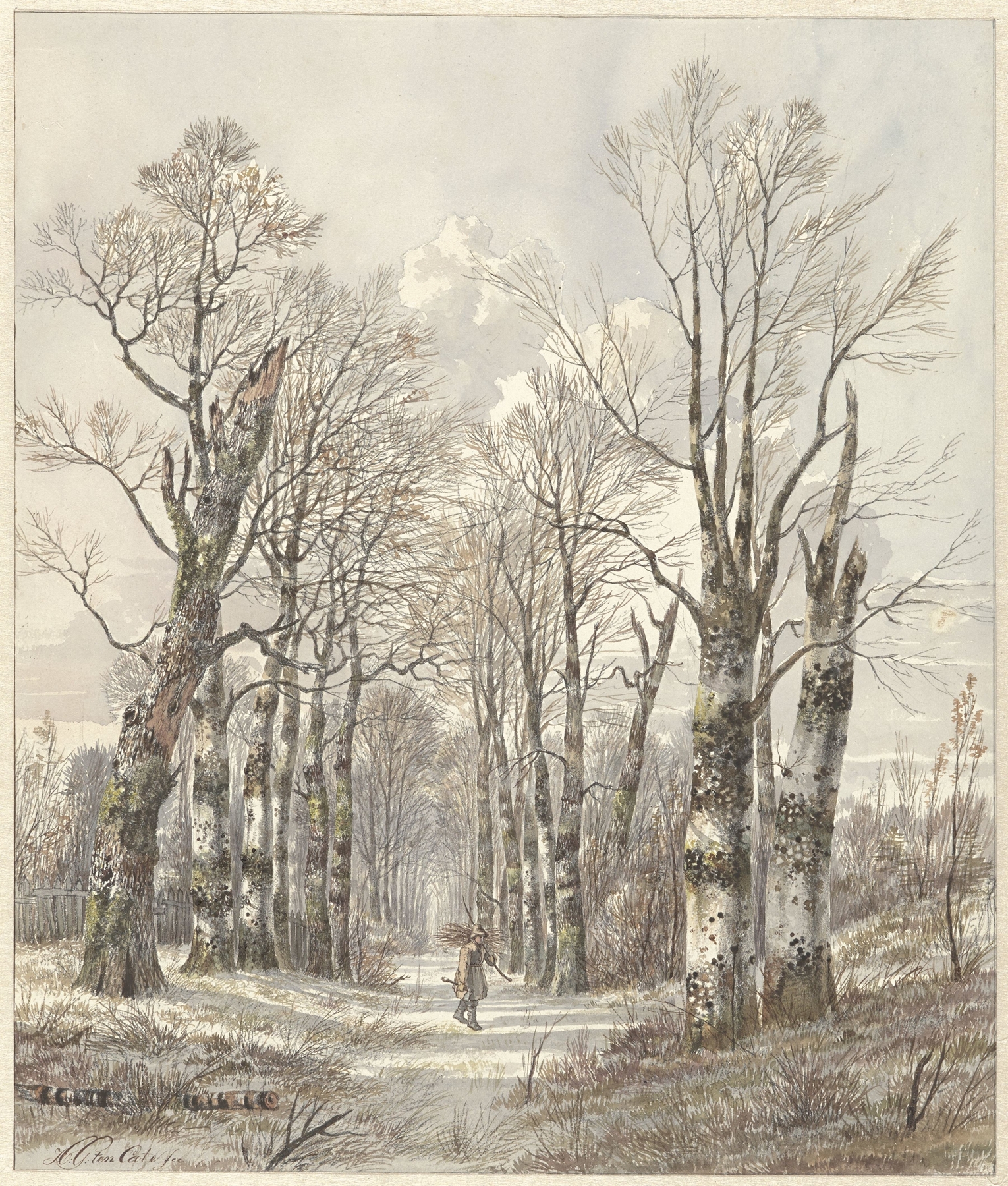 Winter landscape with woodsman gathering firewood, oil on canvas by Hendrik Gerrit ten Cate