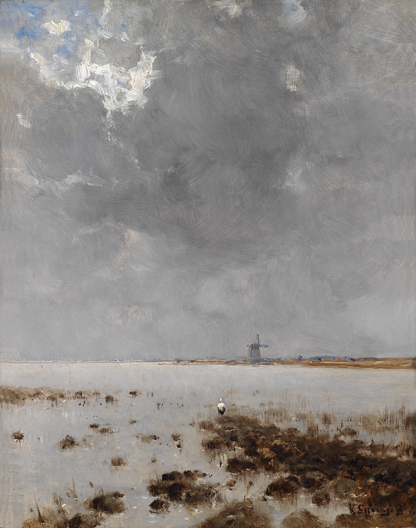 Marine landscape with waves and a mill, oil on canvas by Bela Spanyi