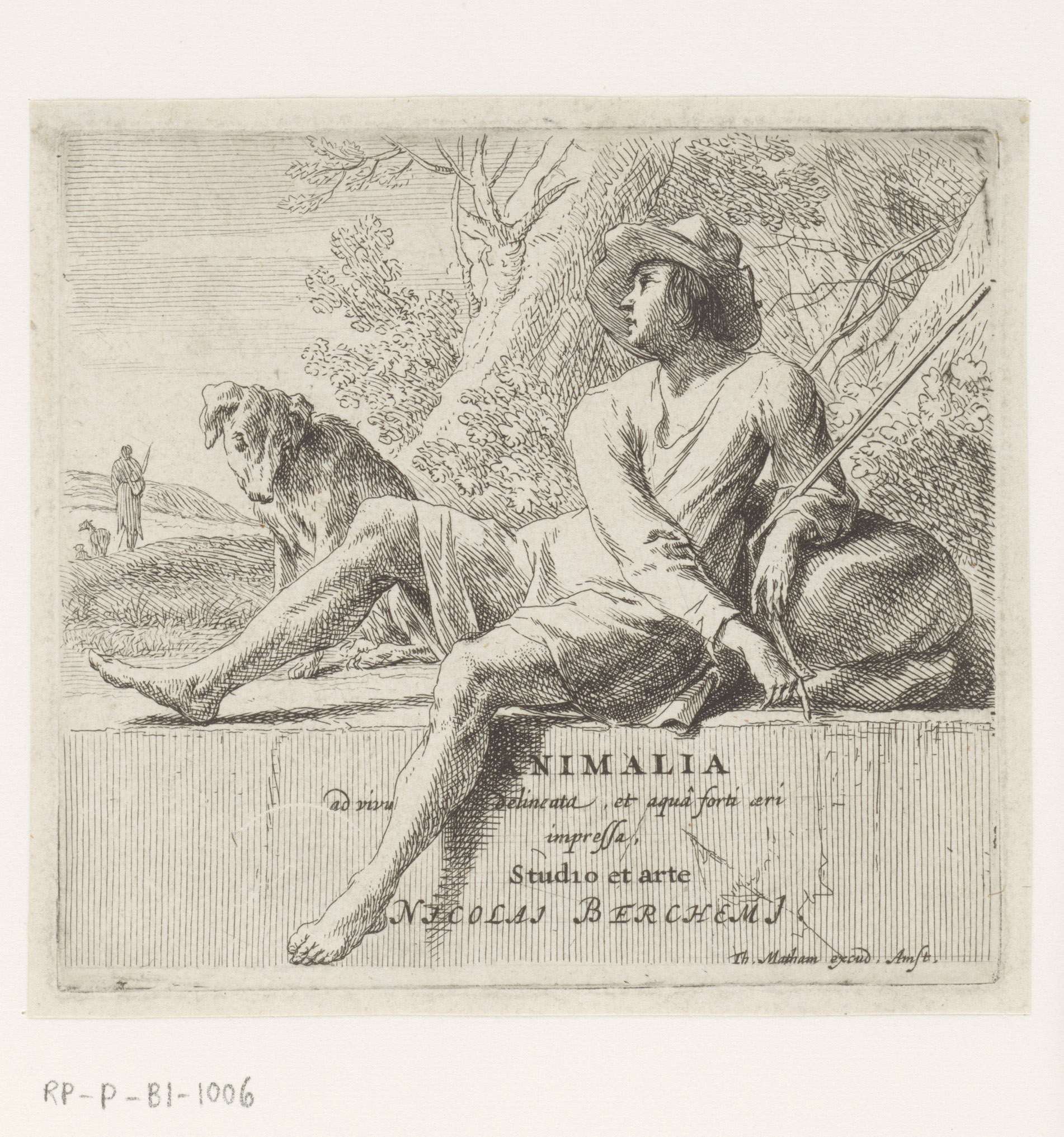 Seated shepherd with dog, etching by Nicolaes Pietersz Berchem