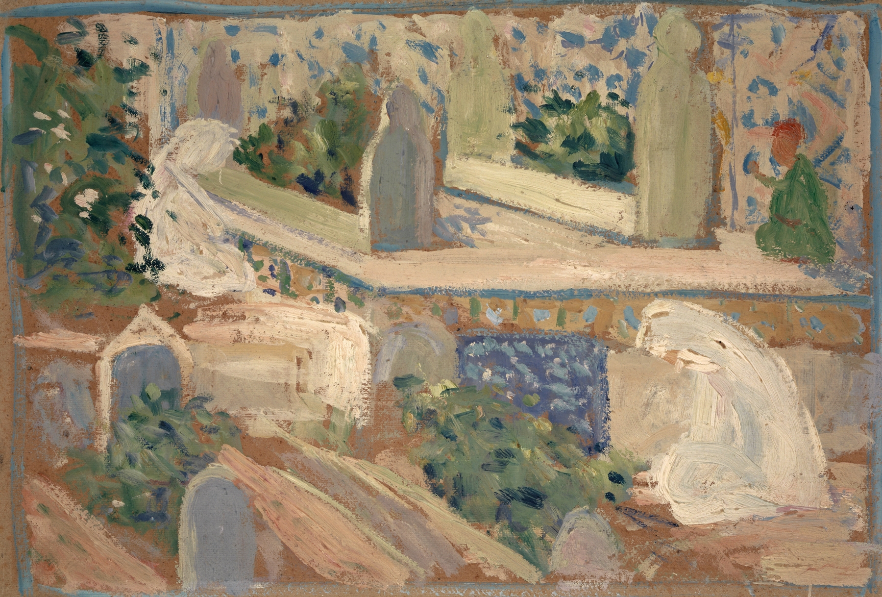 Landscape featuring gravestones in a graveyard by Ernst Schiess