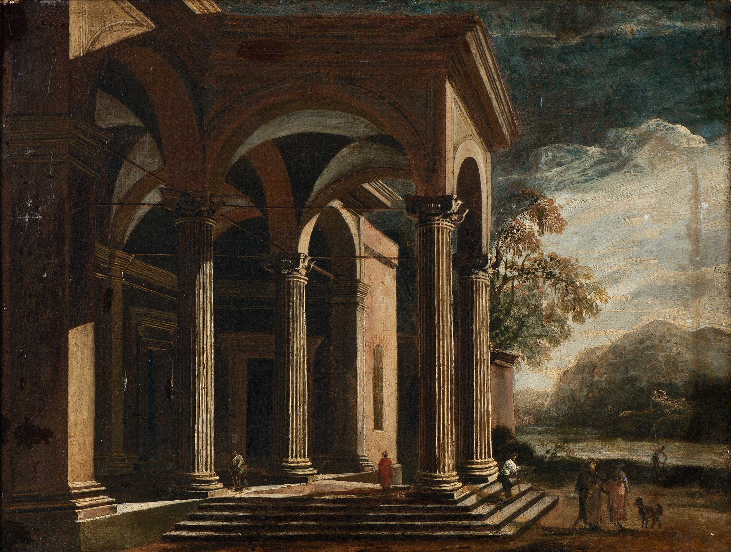 Rococo oil painting by Ottavio Viviani depicting a palace in a fantastical landscape.