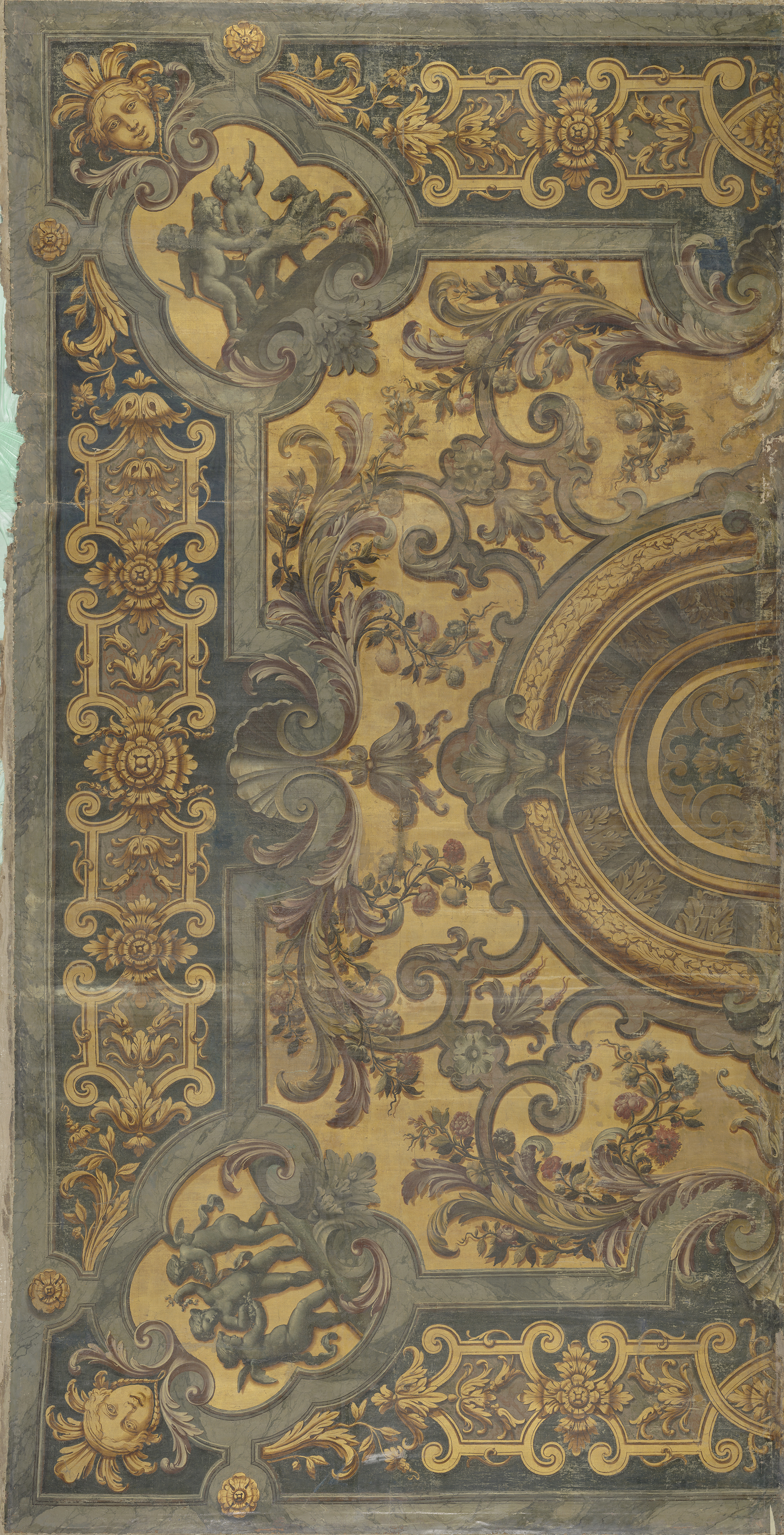 Ornamentale plafondschildering met in de hoeken voorstellingen van putti, by Elias van Nijmegen, public domain