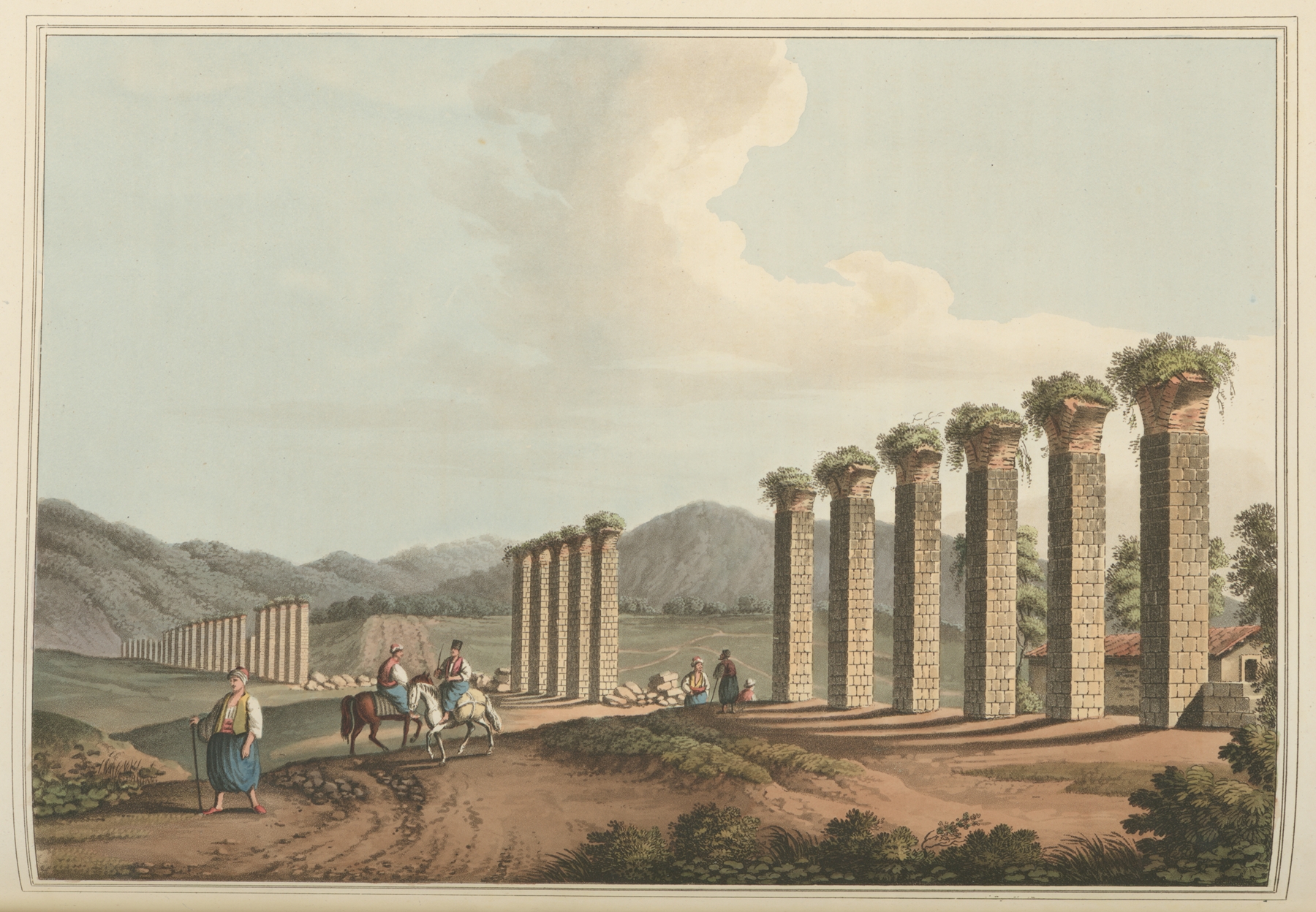 Aqueduct near Ephesus by Luigi Mayer, oil painting depicting an ancient aqueduct amidst lush hills.