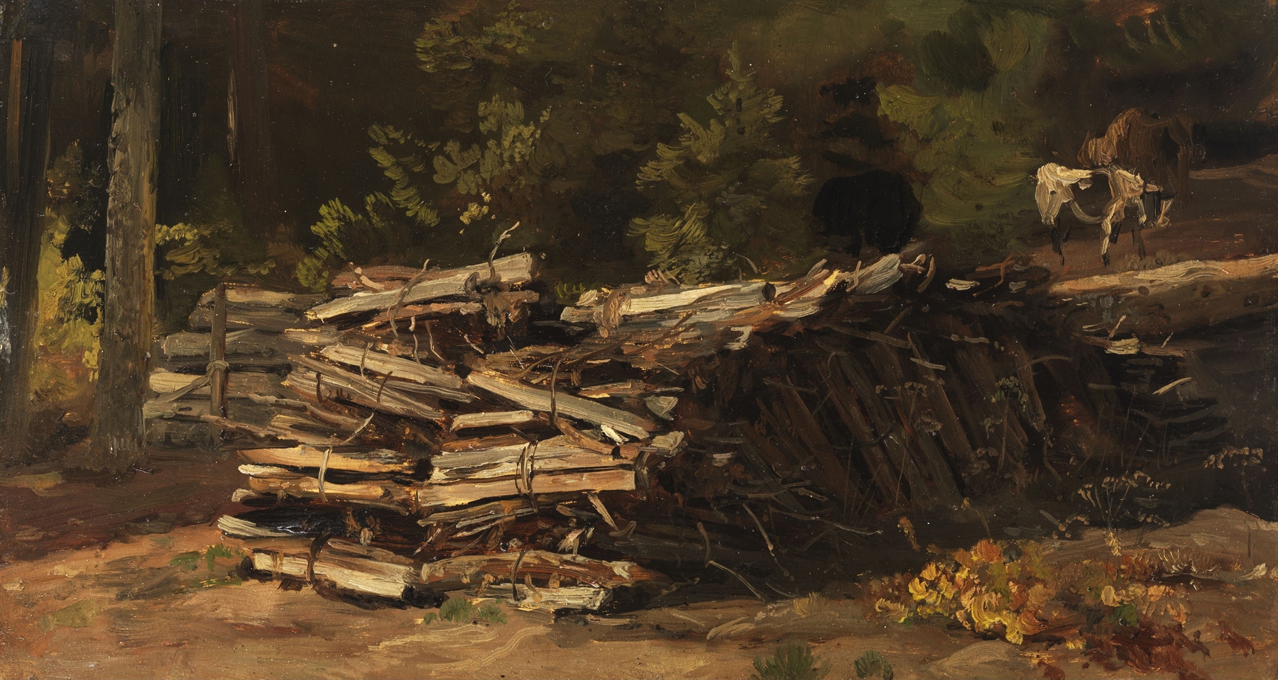 Wooden pile at the edge of the forest, by Christian Friedrich Gille, public domain