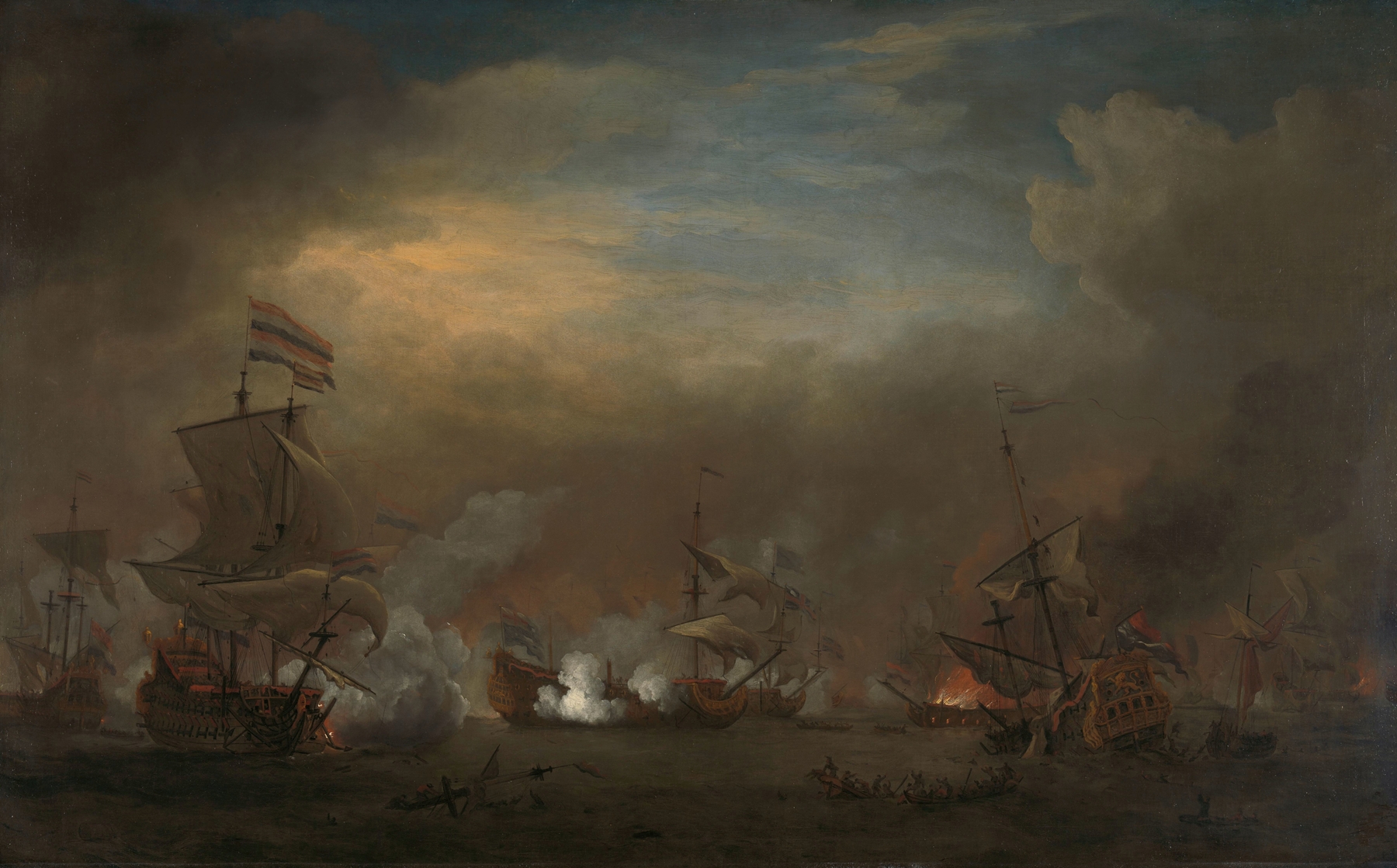 Marine scene with ships in battle, oil painting by Willem van de Velde the Younger