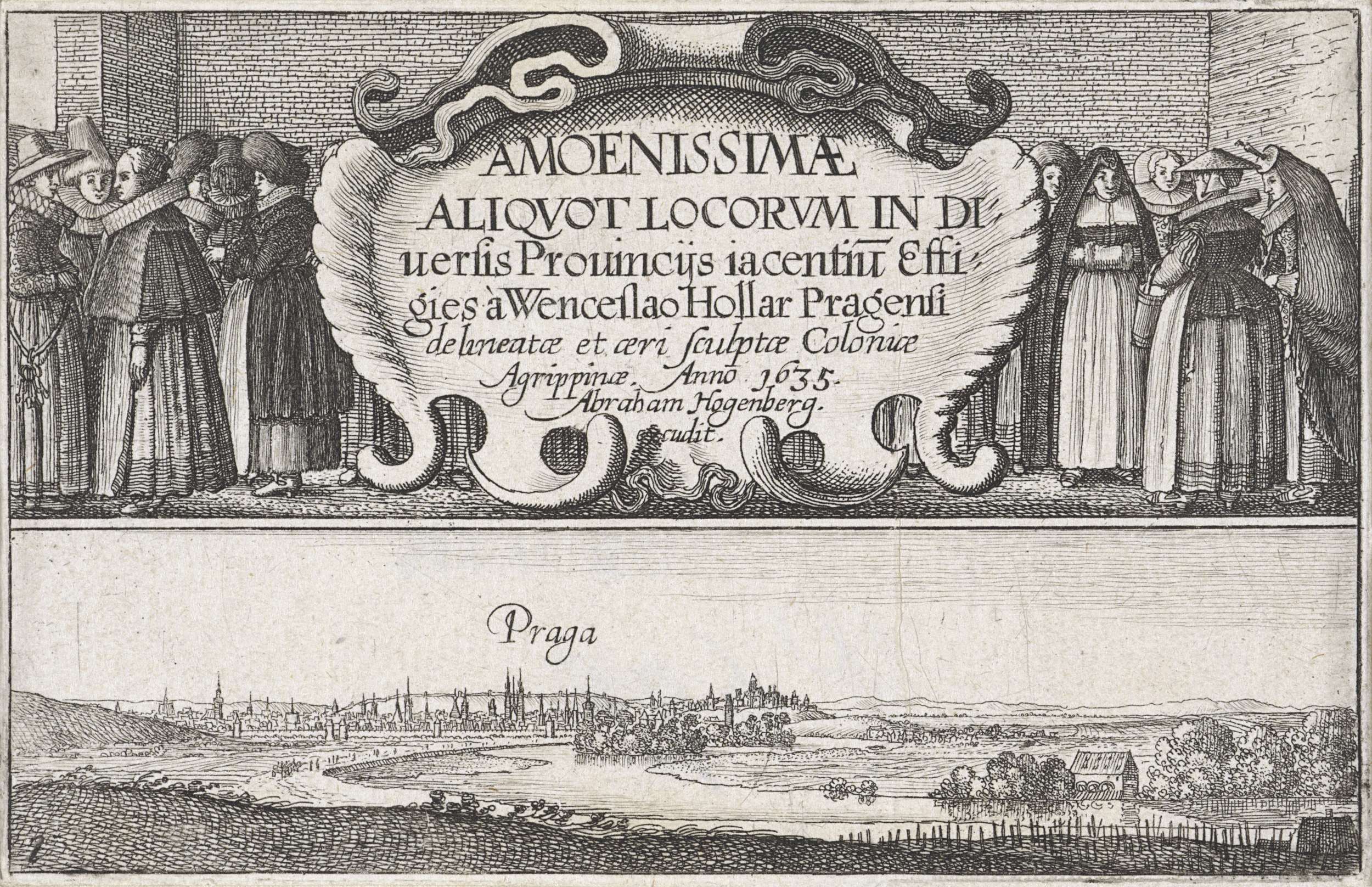Gezicht op Praag, etching by Wenceslaus Hollar, depicting a city skyline with rooftops and soft sky.
