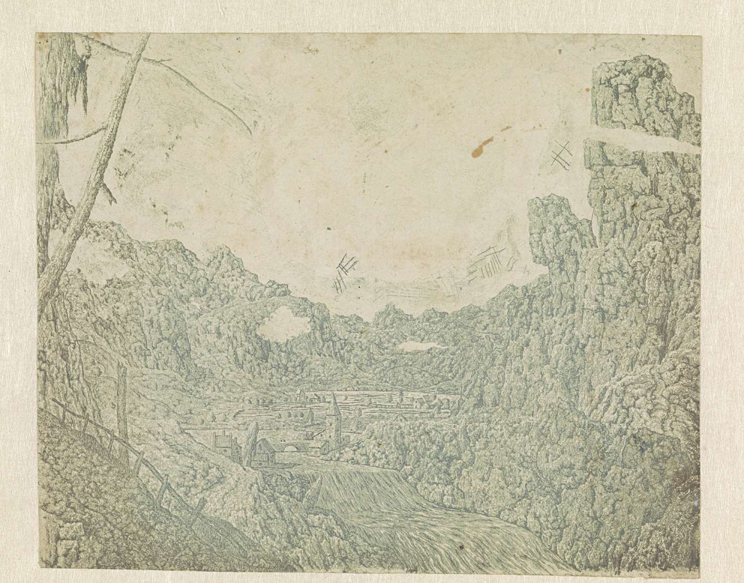 Landscape with a Waterfall, Second Version, by Hercules Segers, public domain