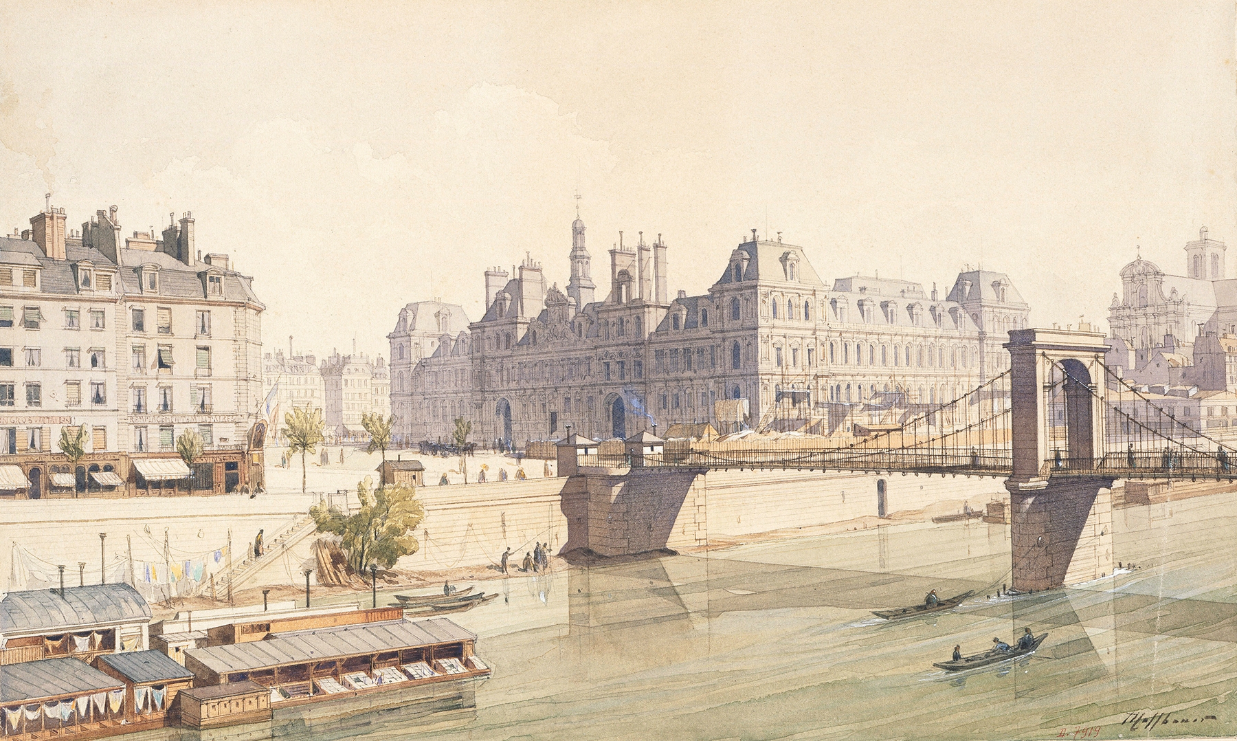 L’Hôtel de Ville et le pont d’Arcole en 1842, oil on canvas by Fédor Hoffbauer, depicting Parisian architecture.
