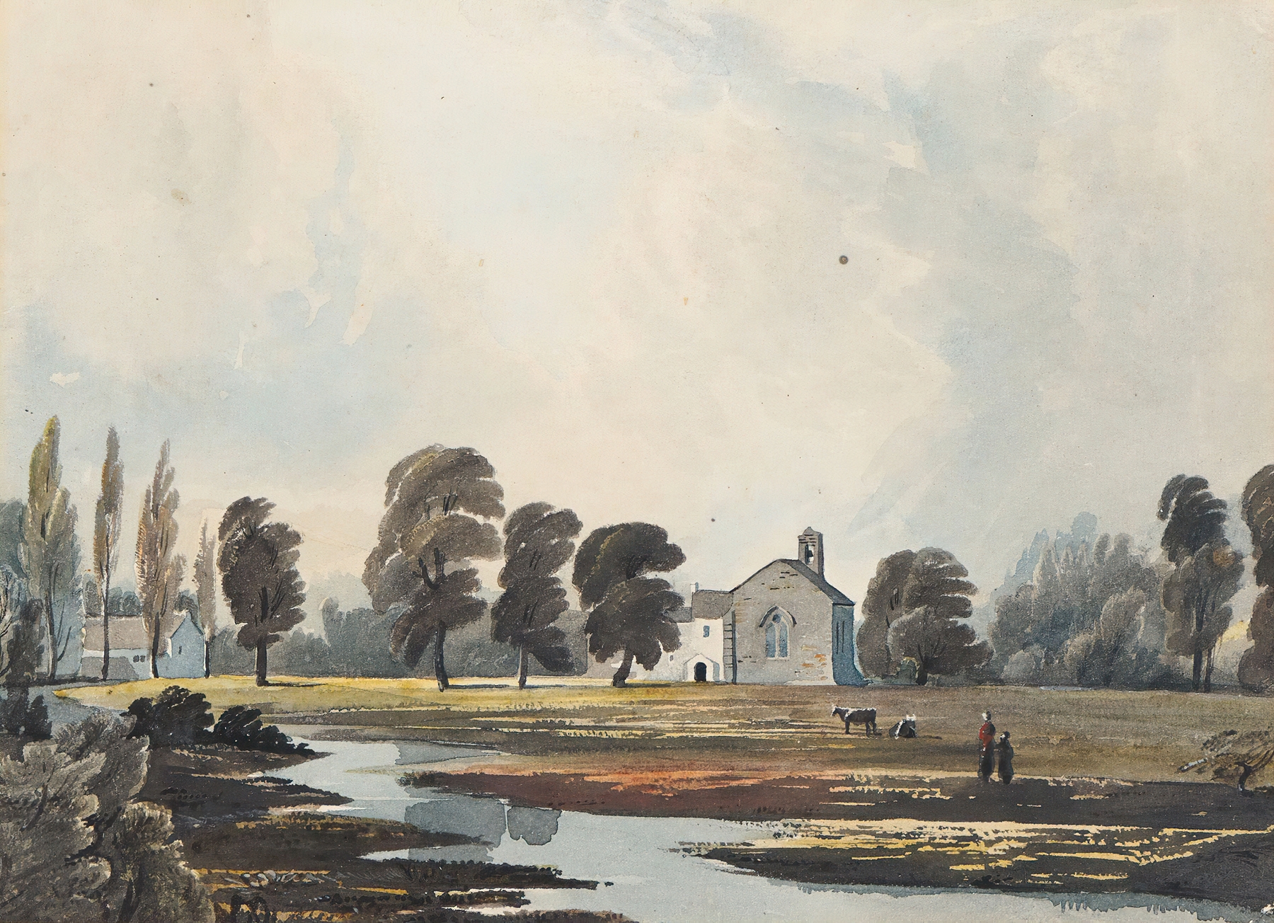 Meadow Scene With A Stream And Church Beyond, by John Varley, public domain