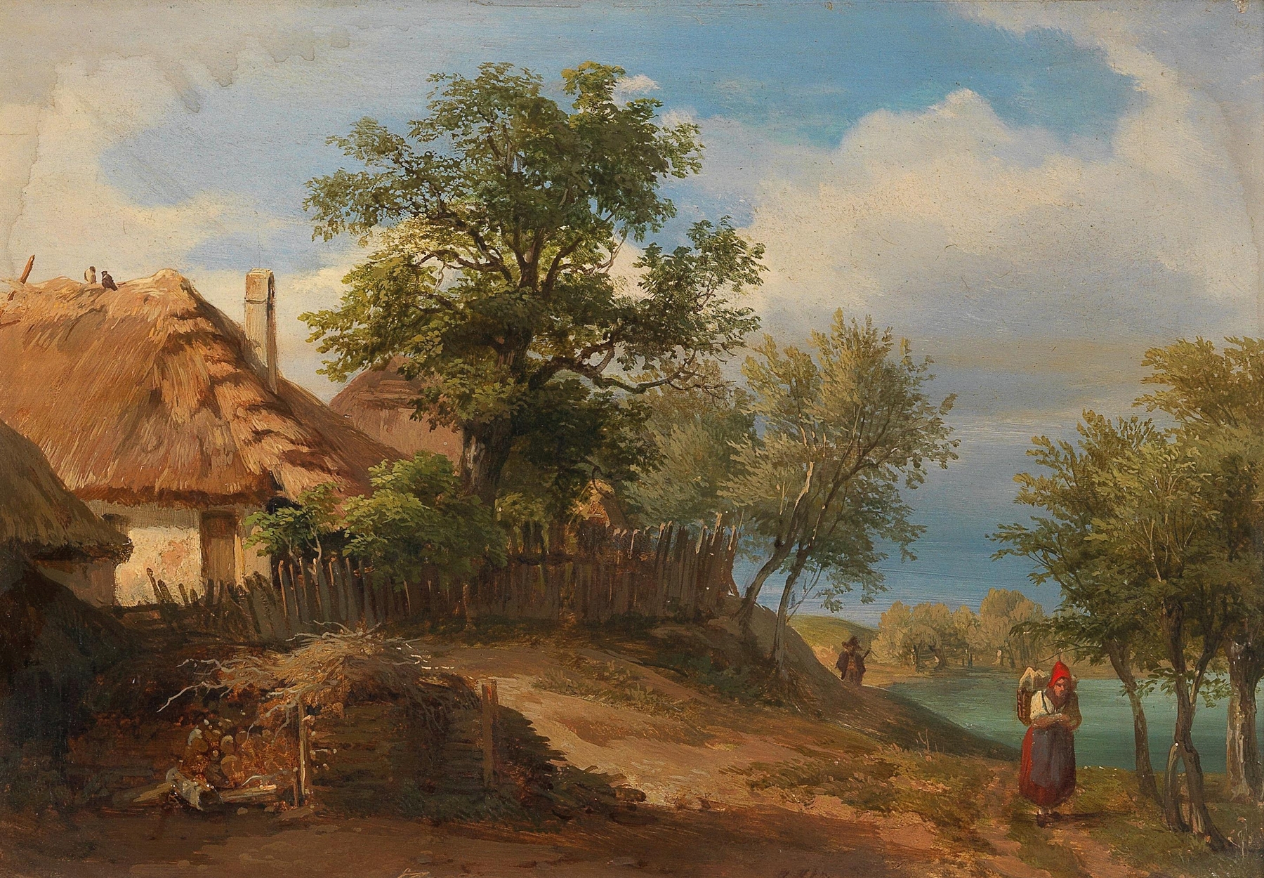 Landscape with thatched farmhouses and figures by Josef Höger, realism