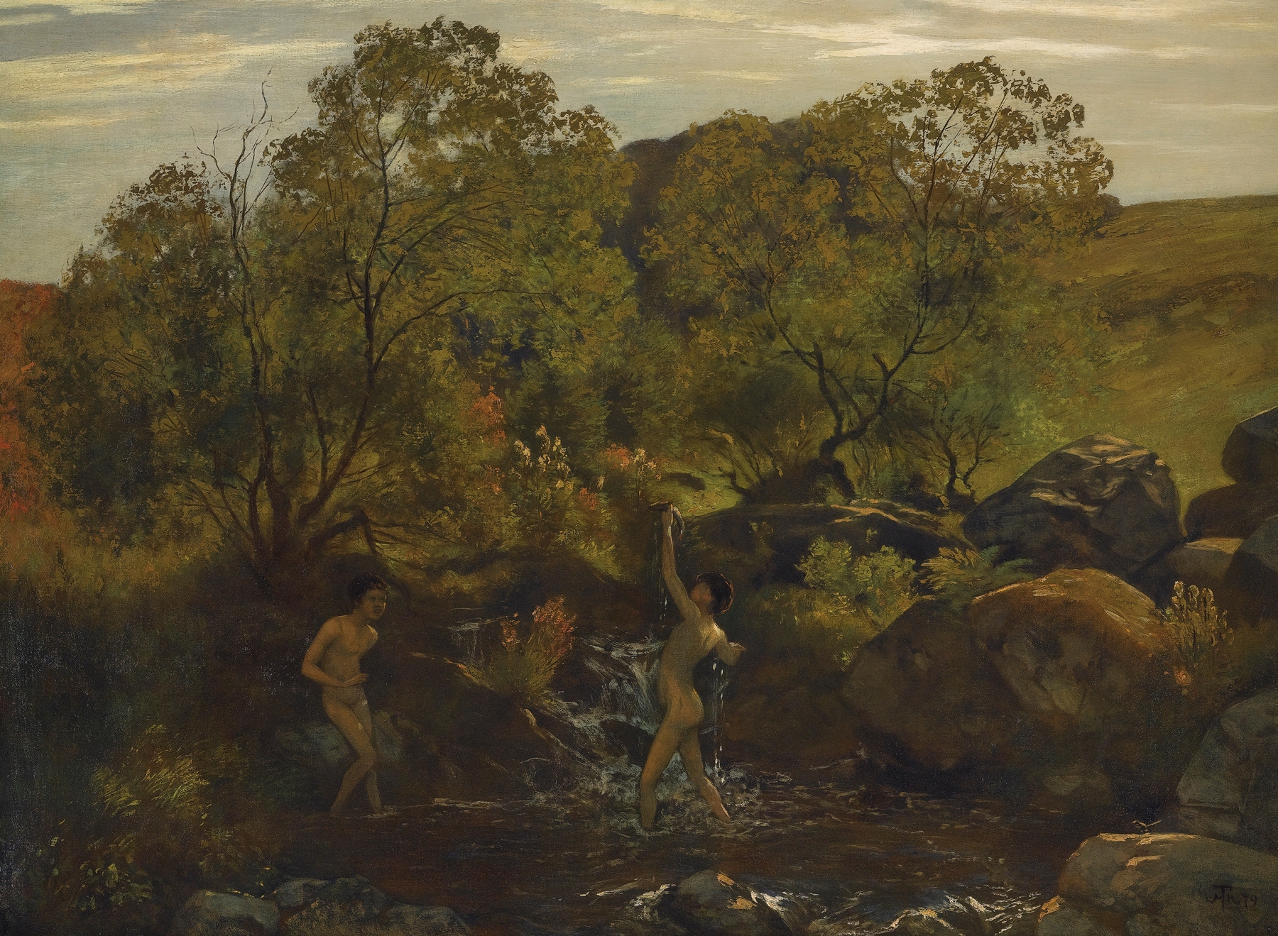 Boys playing by the water in an oil painting by Hans Thoma