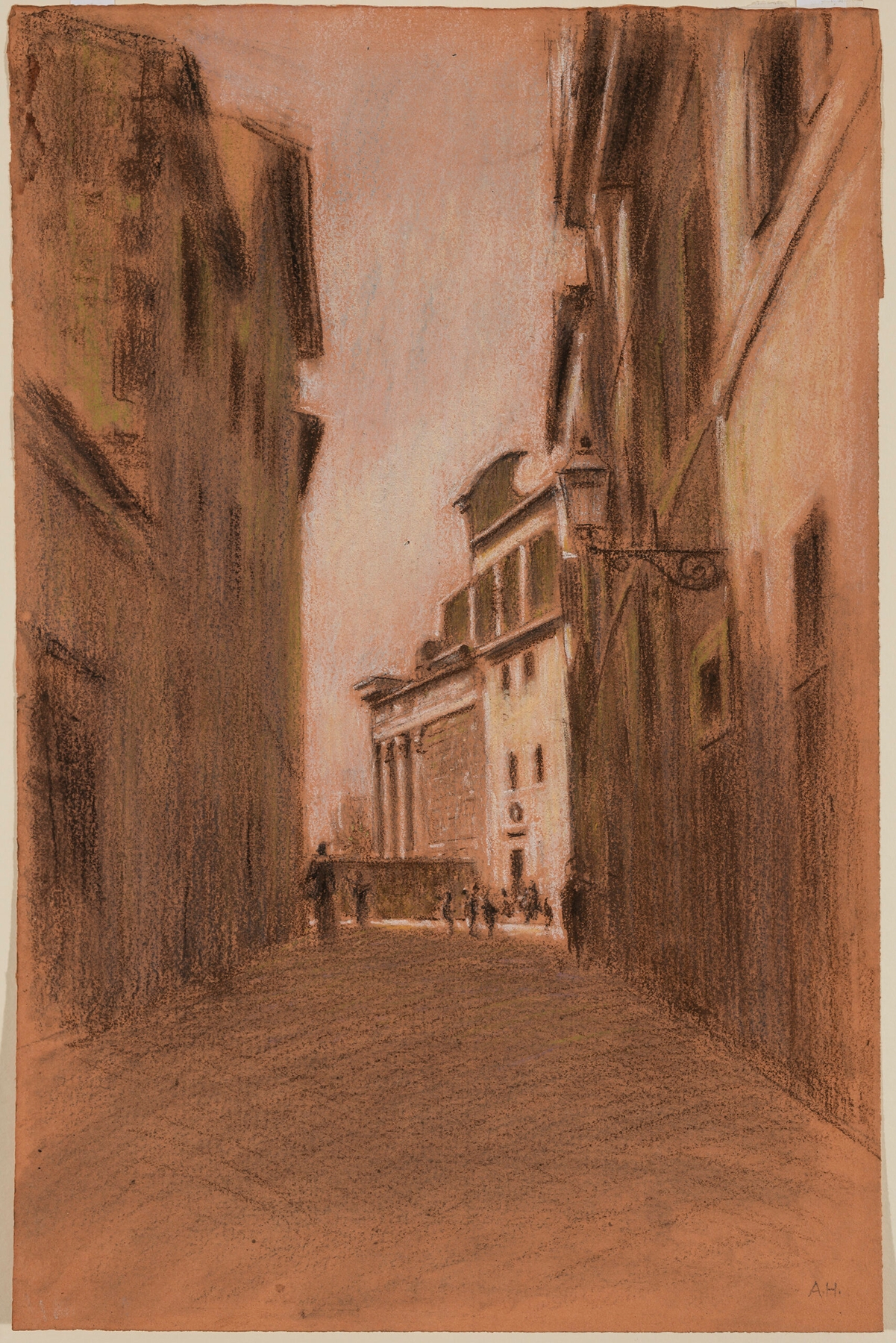Landscape oil painting by Adolf Hirémy-Hirschl featuring a cobblestone street and temple.