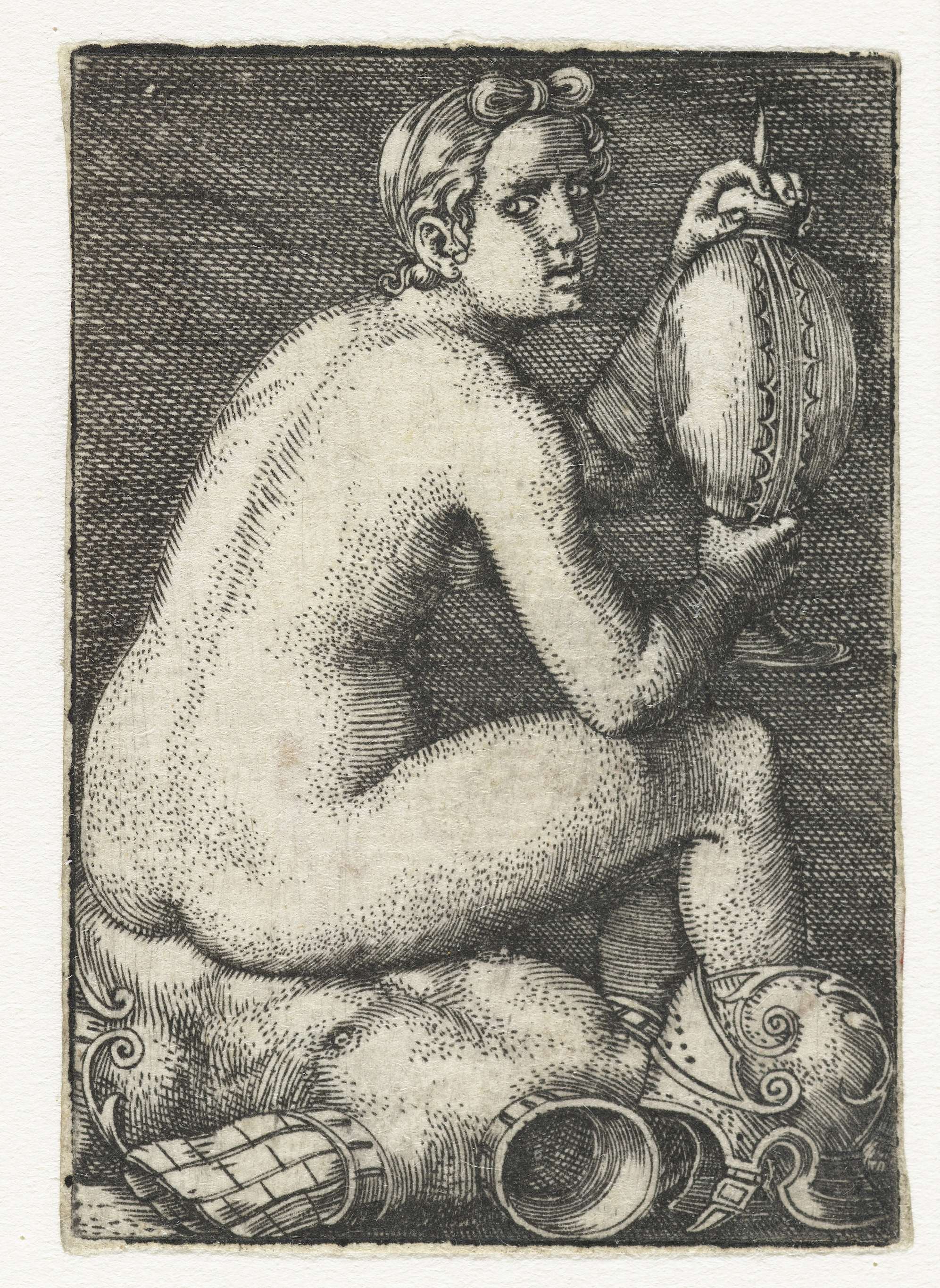 Naakte vrouw zittend op wapenrusting, by Barthel Beham, public domain