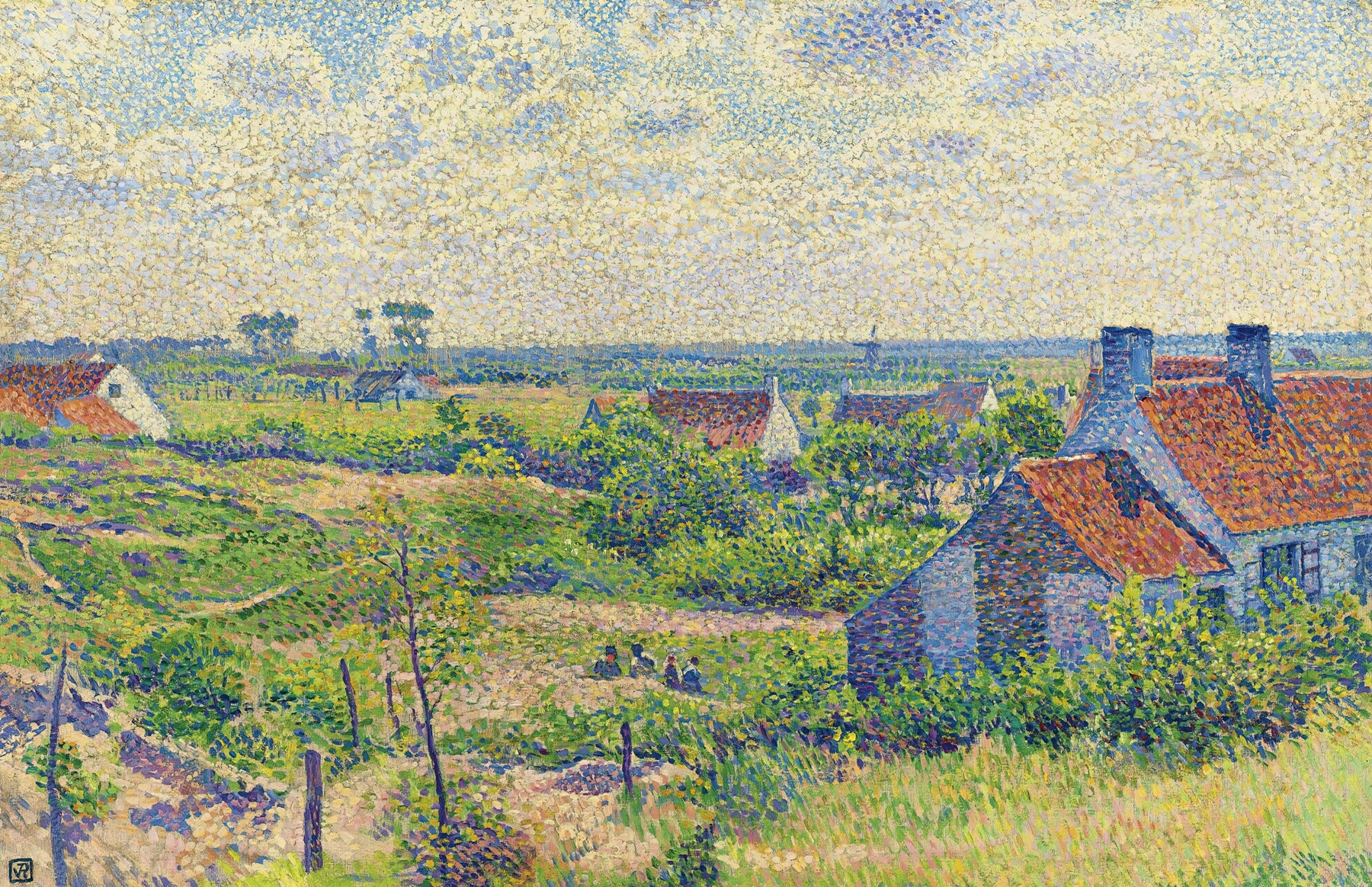 Landscape with houses at sunset, oil painting by Theo van Rysselberghe