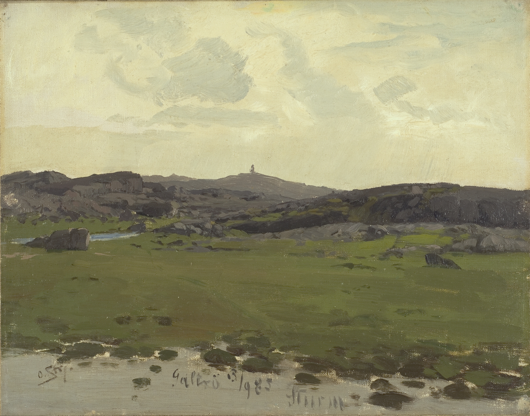 Landscape oil painting by Otto Strützel depicting hills under a stormy sky