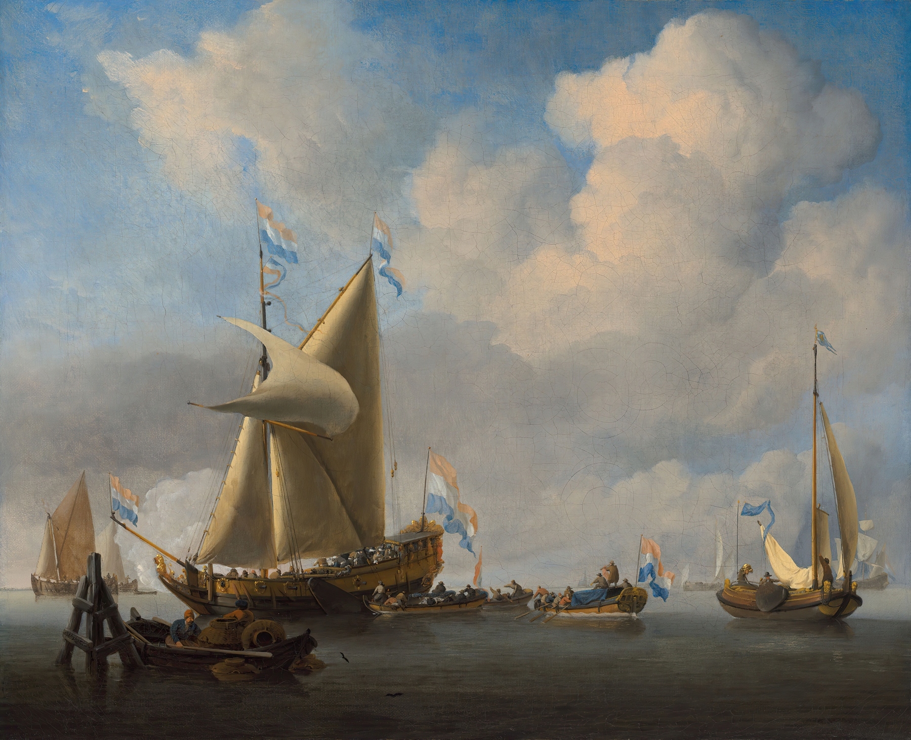 Oil painting by Willem van de Velde the Younger of a yacht firing a salute on calm waters.