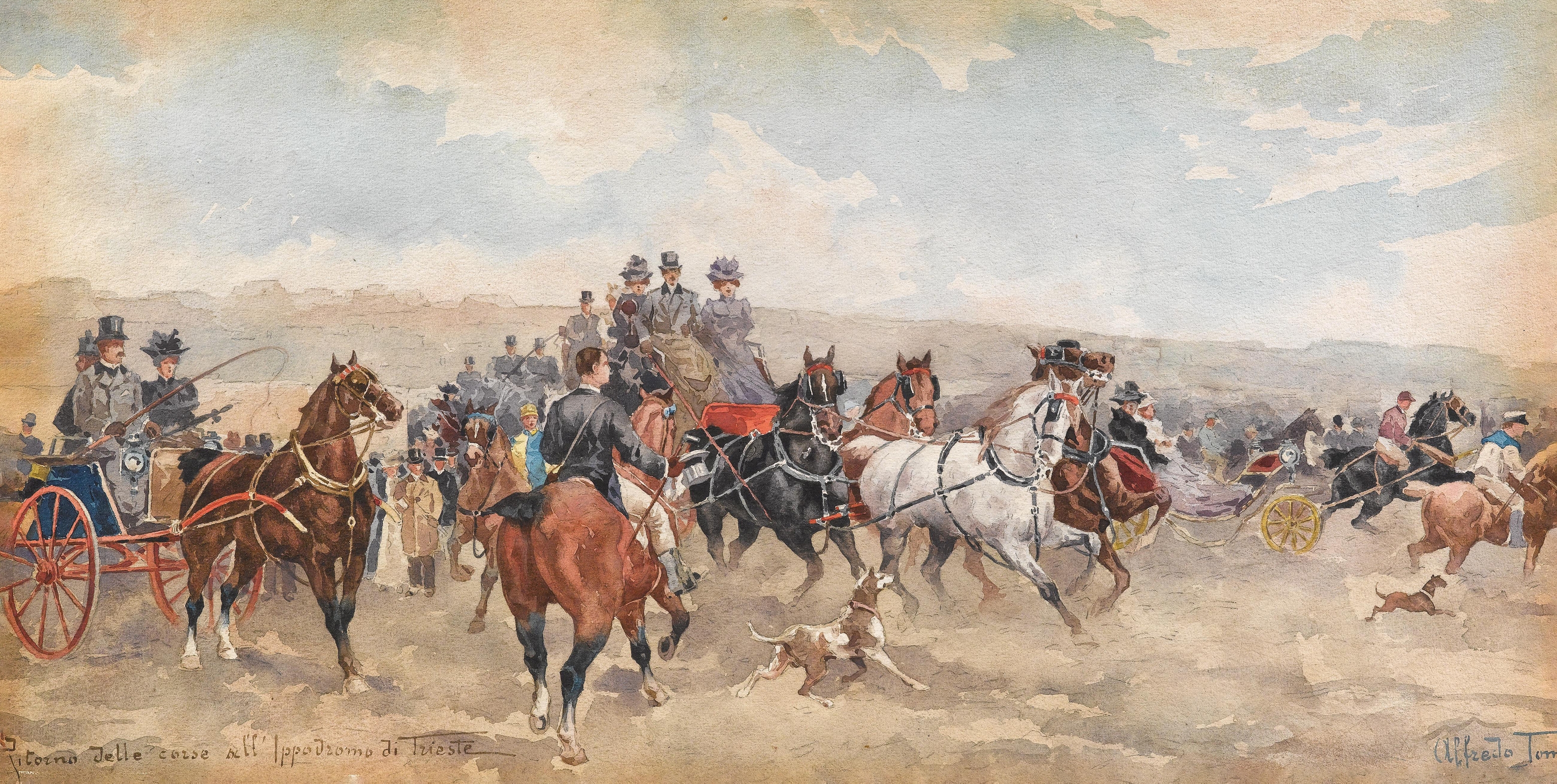 Genre scene depicting racing figures in vibrant colors, oil on canvas by Alfredo Tominz.
