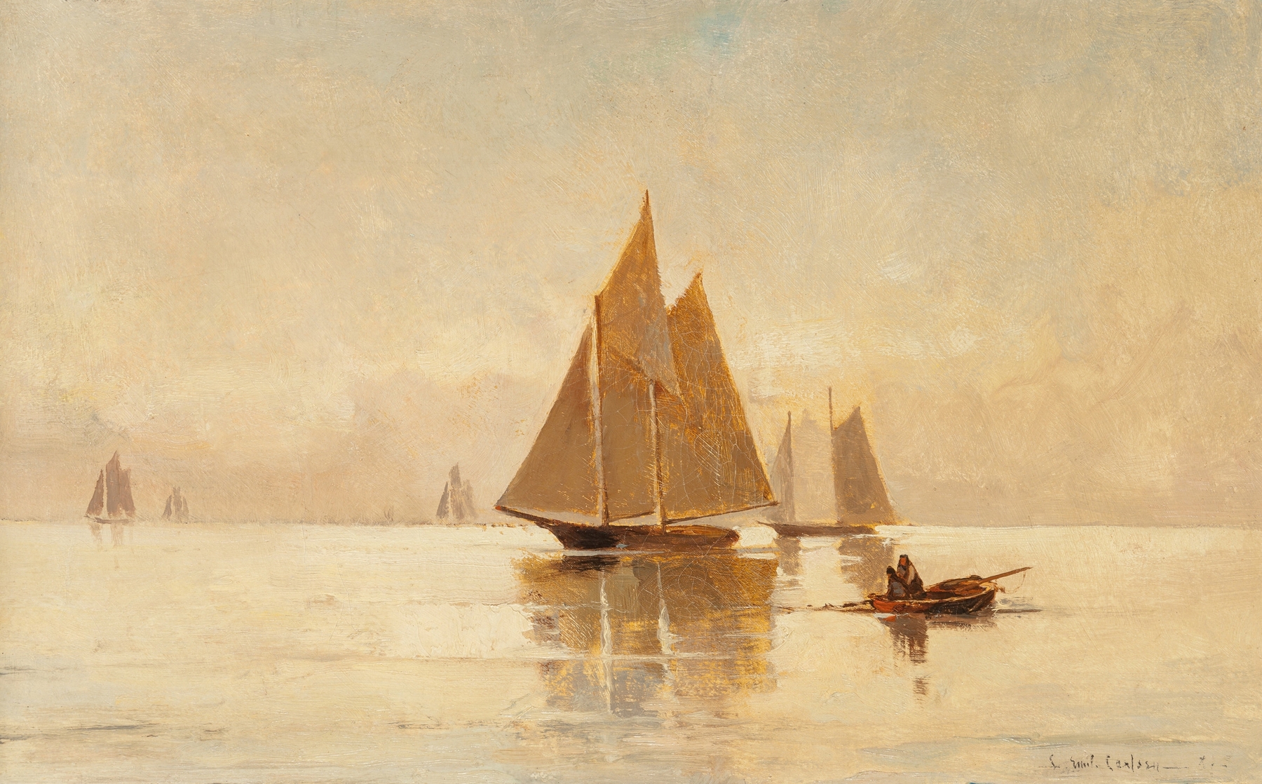 Sailboats in the Evening by Emil Carlsen, impressionist oil painting