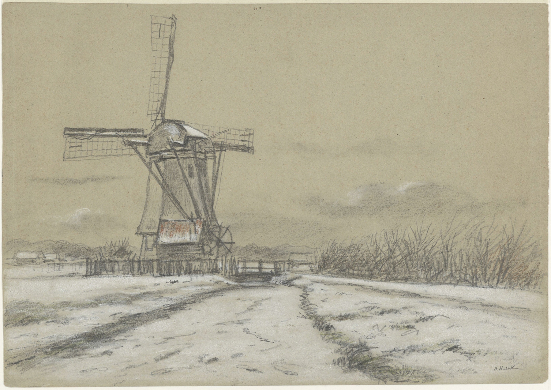 Landscape with windmill and fields by Hendrik Hulk, 1895