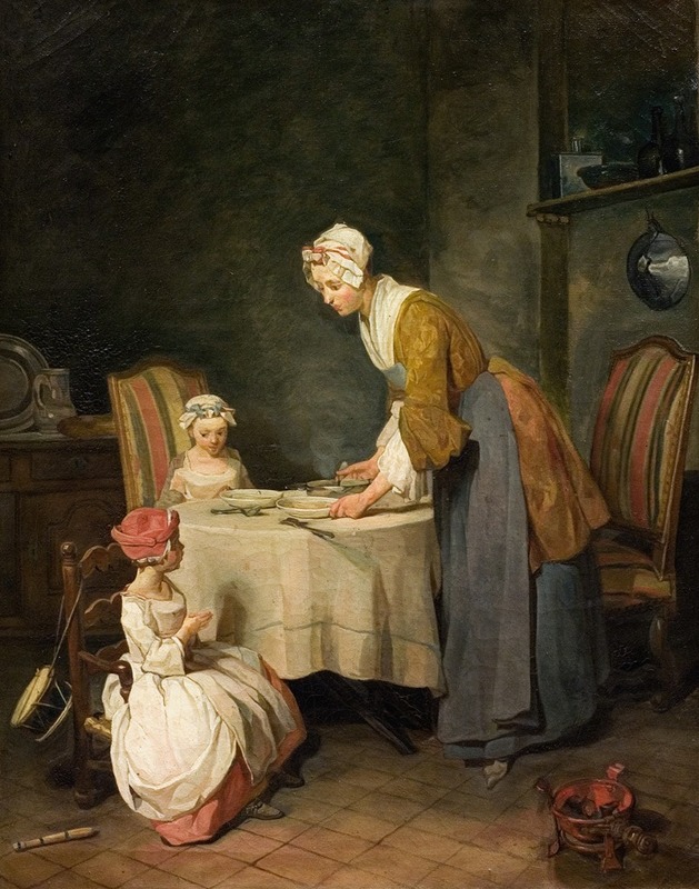 A serene depiction of a family saying grace before a meal.