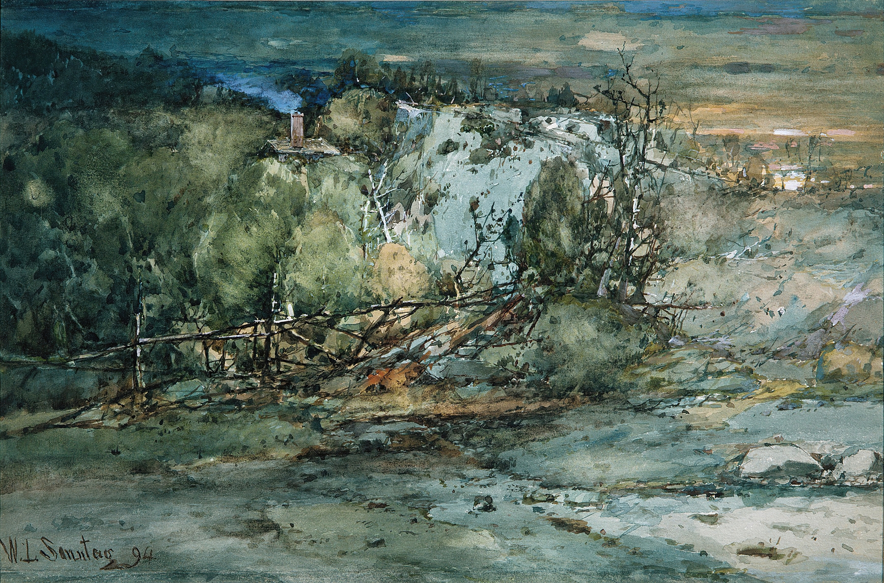 Frontier Cabin by William Louis Sonntag, oil on canvas, depicting a cabin at twilight.
