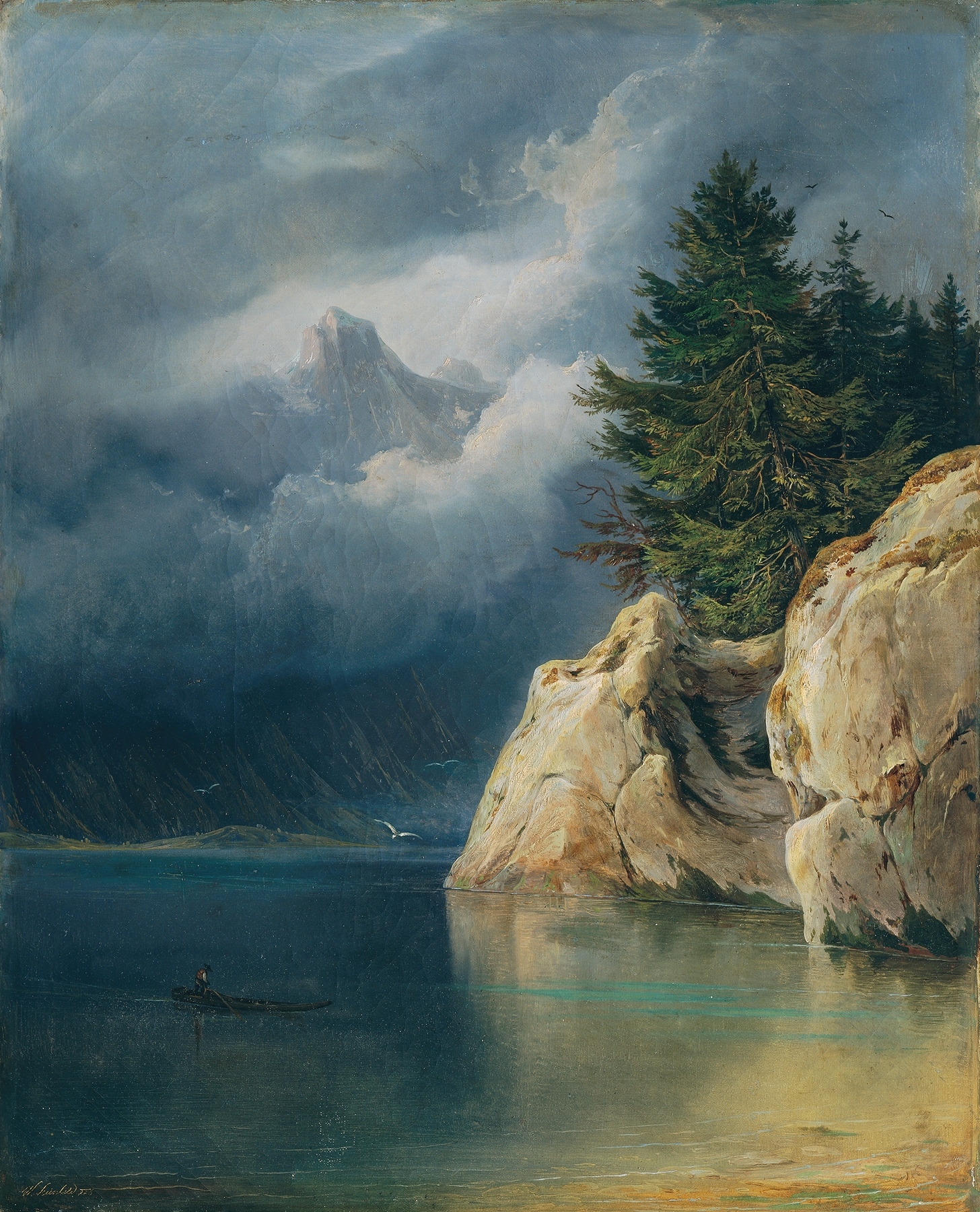 Landscape oil painting by Wilhelm Steinfeld depicting a lake and mountains