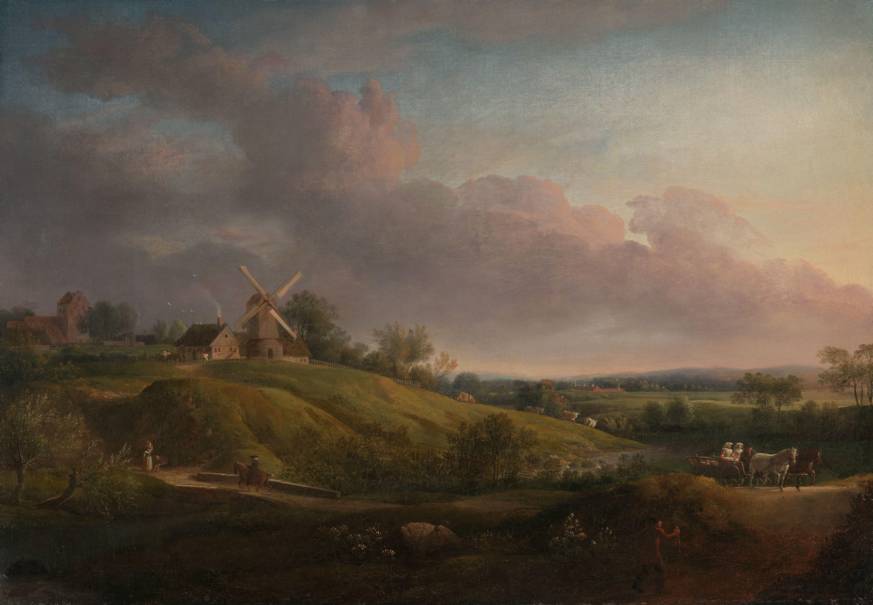 Landscape with a Church and a Mill, by Jens Juel, public domain