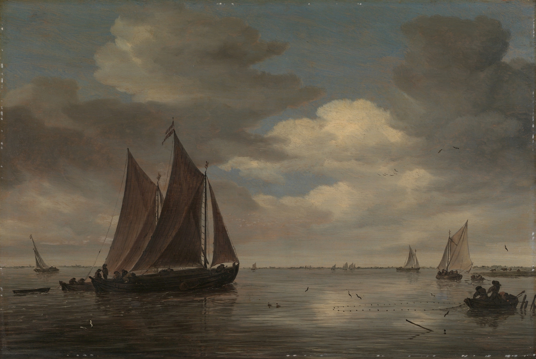 Fishing boats on a river, oil on canvas by Salomon van Ruysdael