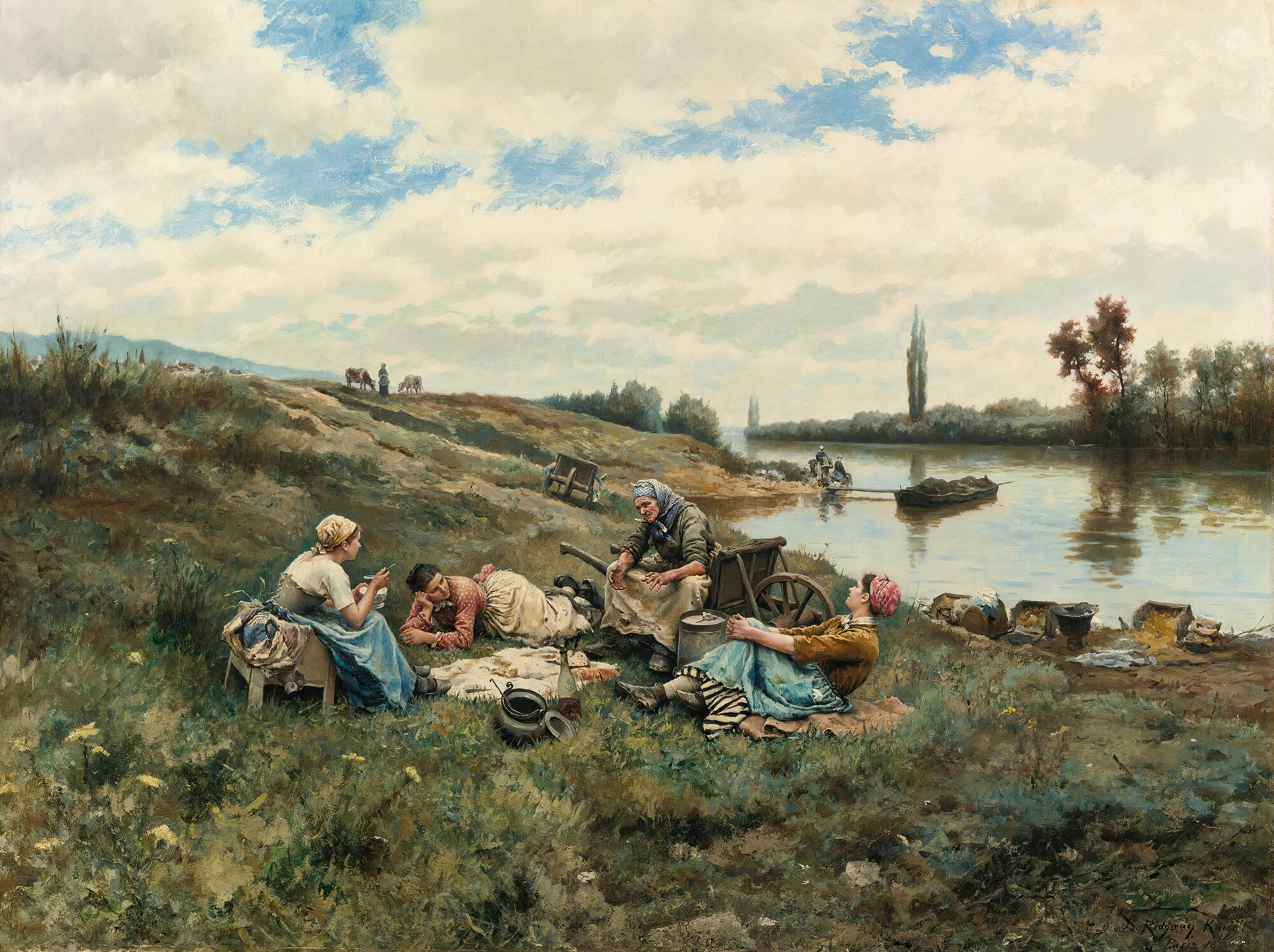 Genre scene depicting a figure by the Seine, oil painting by Daniel Ridgway Knight