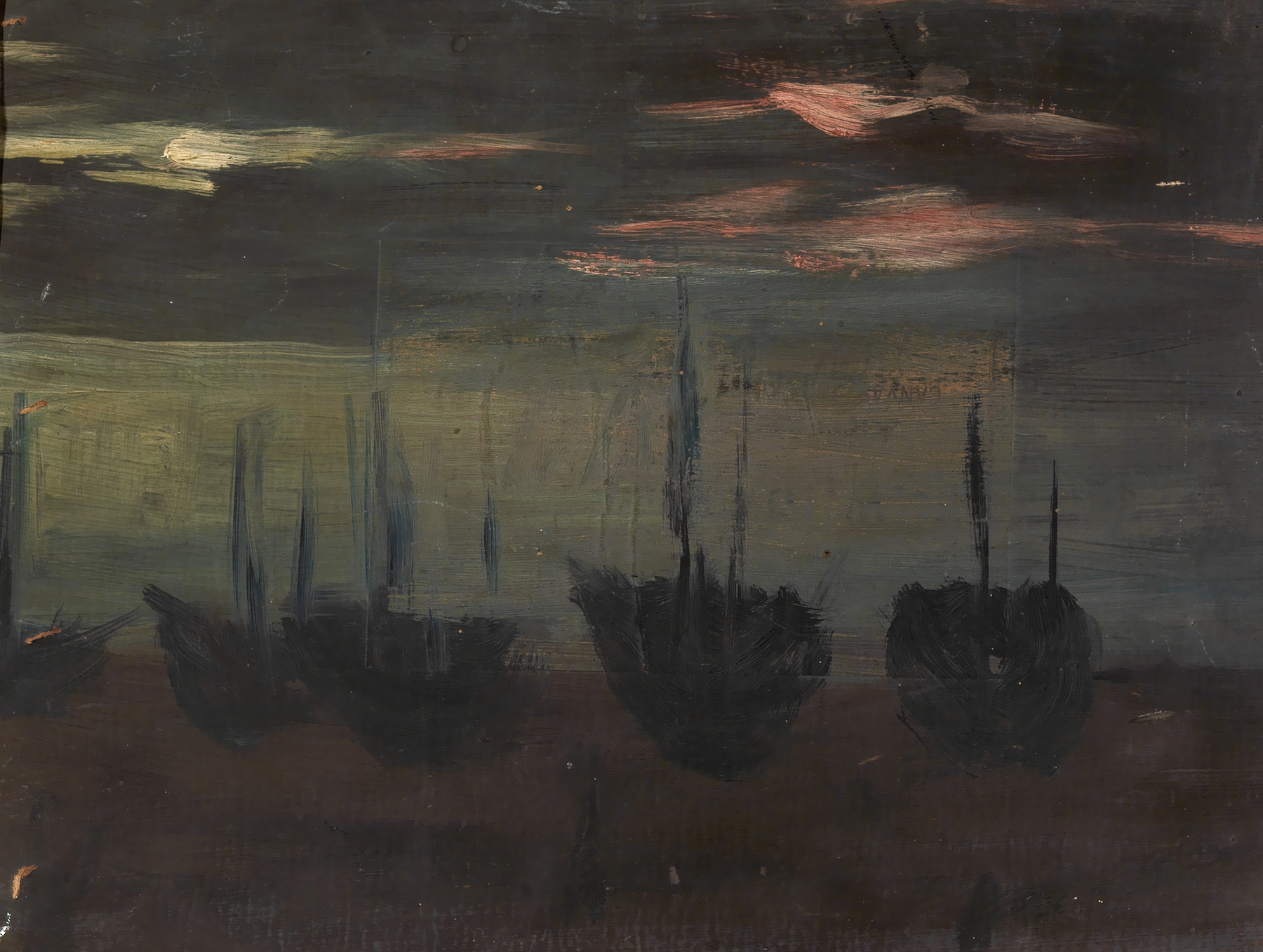 Marine scene with ships and moonlight reflection, oil painting by Alice Pike Barney