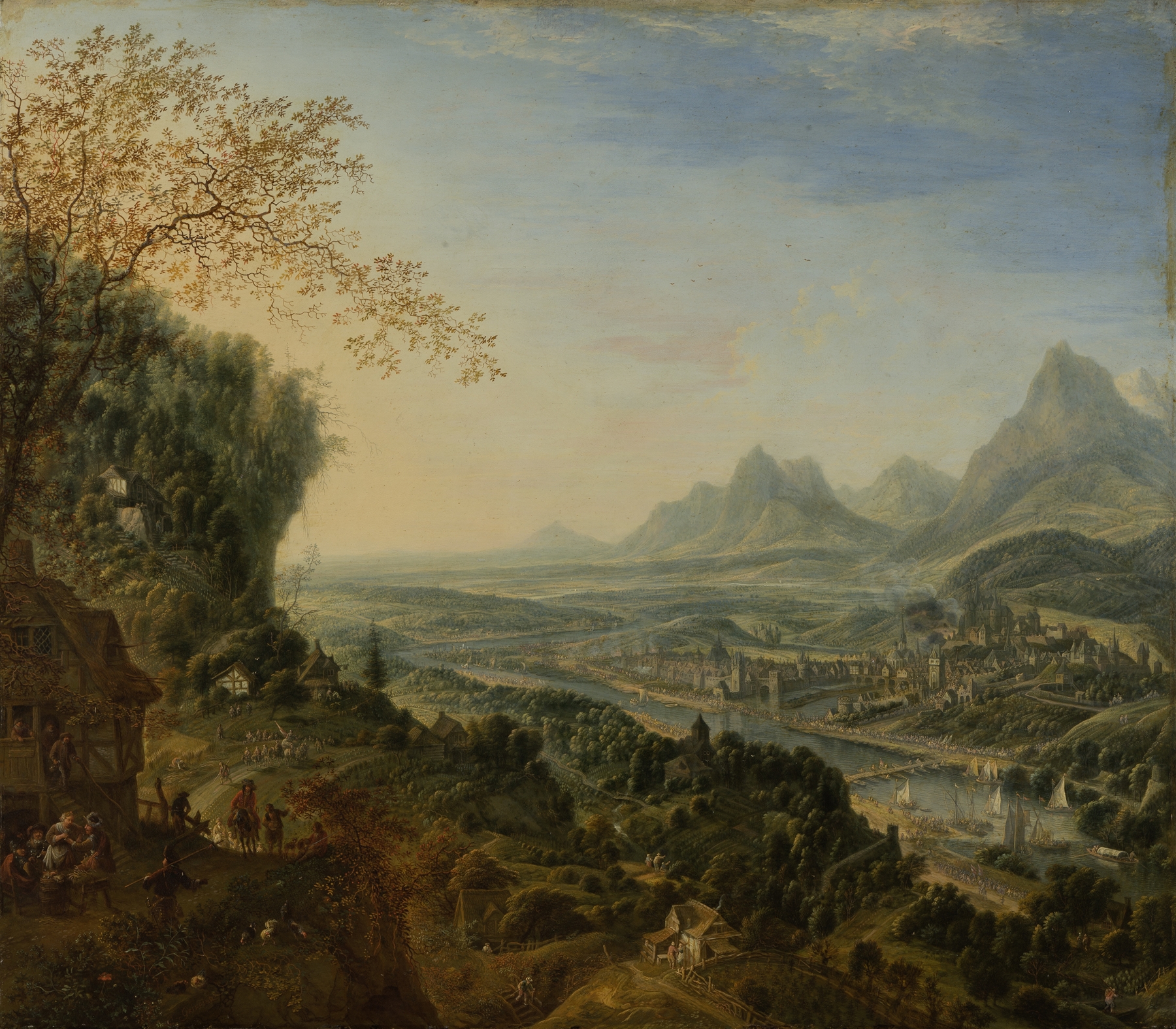 River Landscape with Rhine Motifs and Troops Passing by Jan Griffier, oil painting depicting a tranquil river scene.
