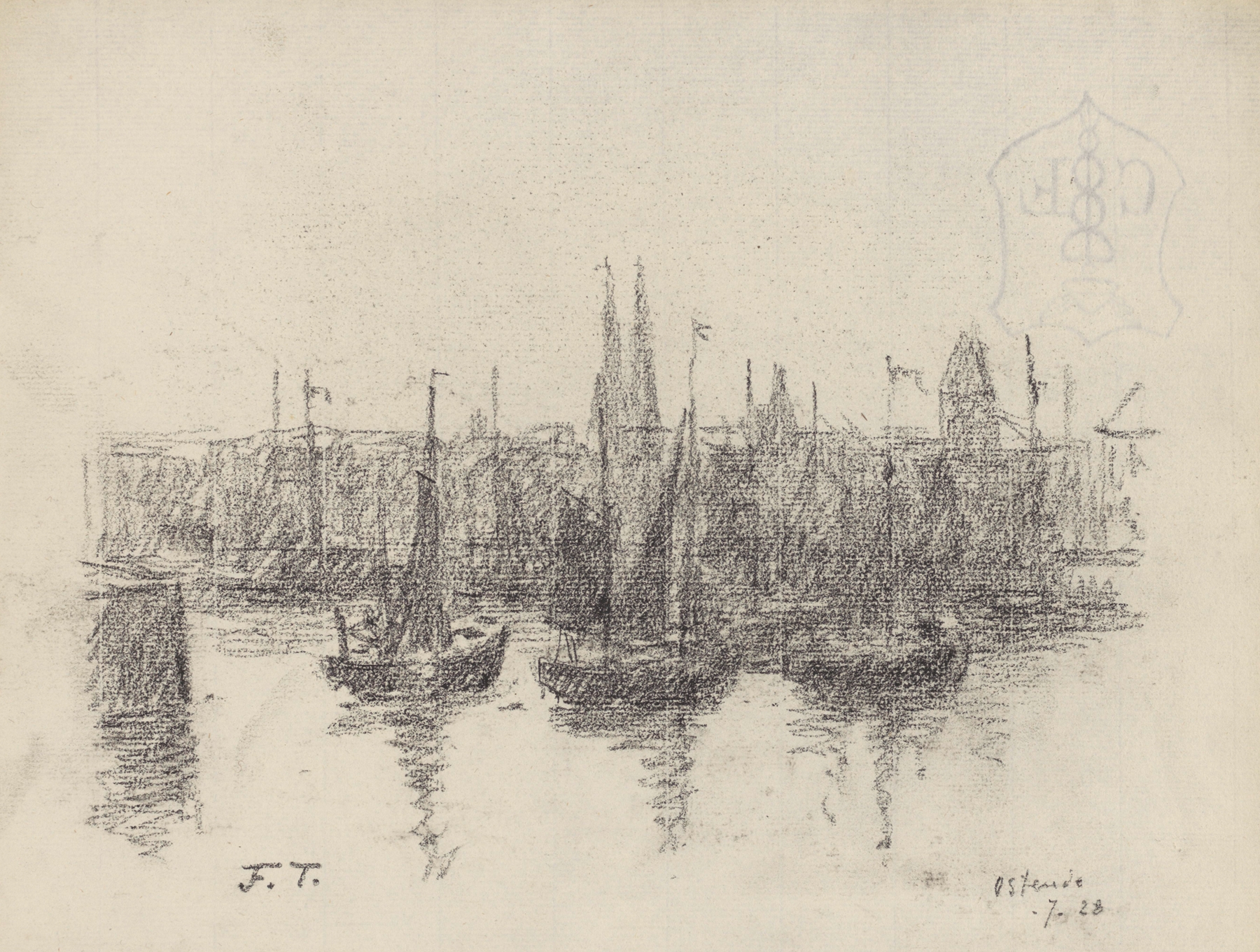 Oil on canvas by Jean-François Taelemans depicting fishing boats at a harbor in Ostende