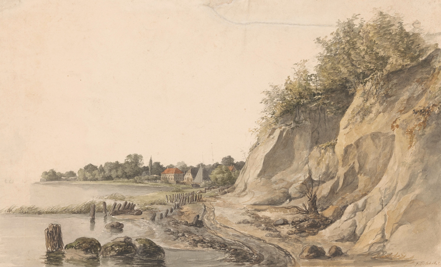 Landscape of a riverbank with houses in the background, oil painting by Petrus Johannes Schotel