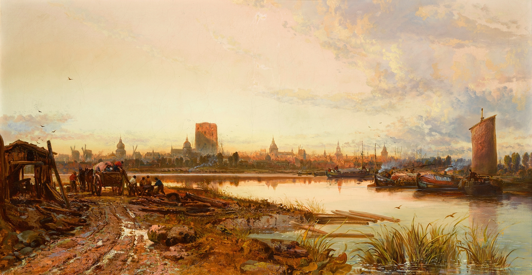A view of Dordrecht with Grote Kerk, oil on canvas by James Webb