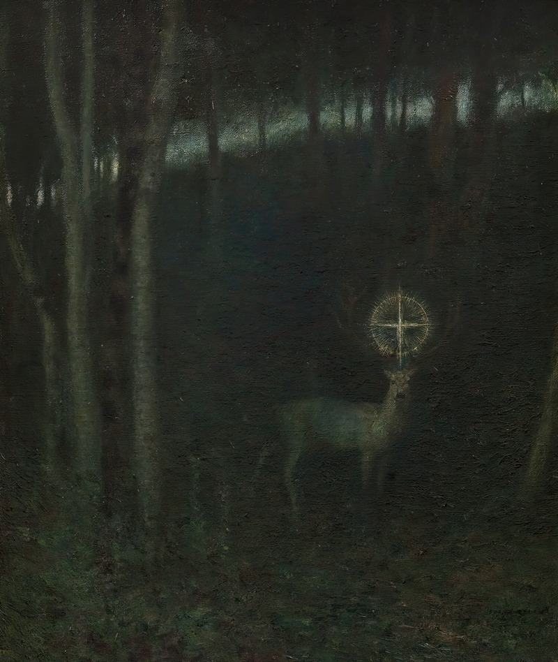 Franz von Stuck's 'The Vision of Saint Hubert' depicts a mystical encounter in a dark forest.