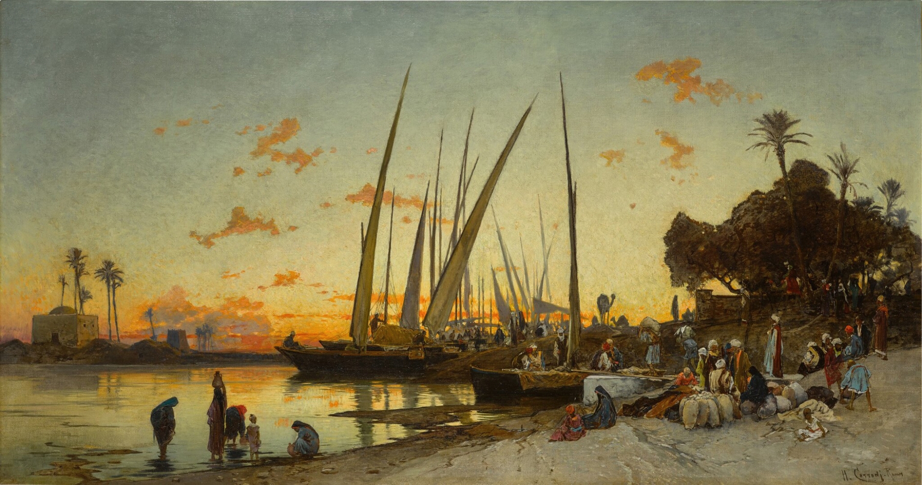 Feluccas on the Nile, oil painting by Hermann David Salomon Corrodi
