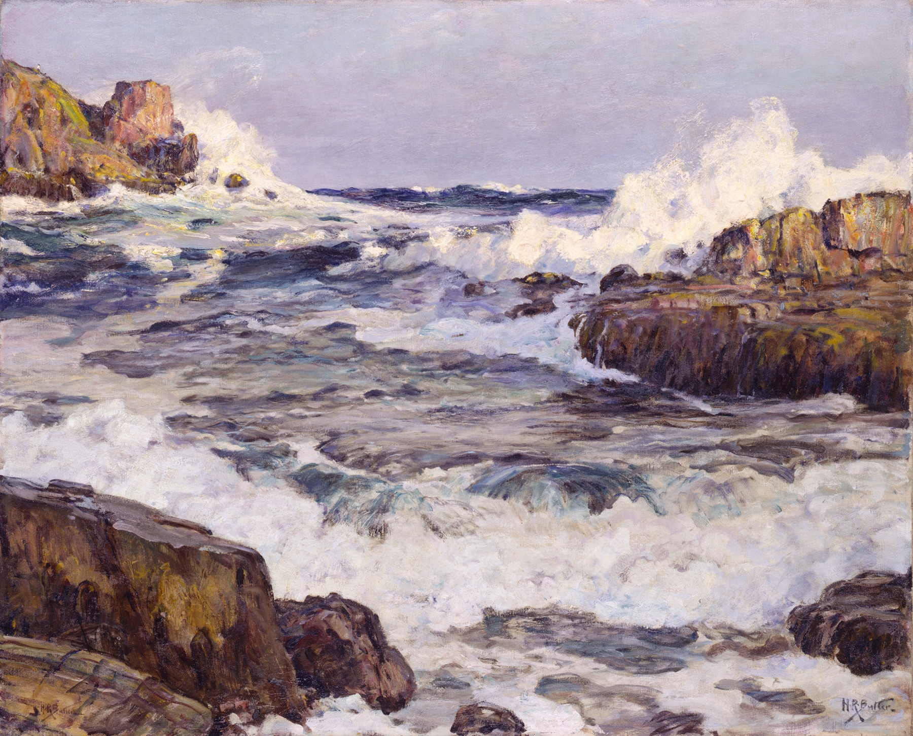 Marine oil painting by Howard Russell Butler depicting turbulent ocean and golden light.