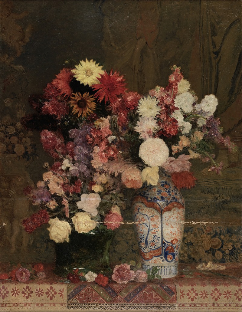 A still life painting featuring autumn flowers in a vase.