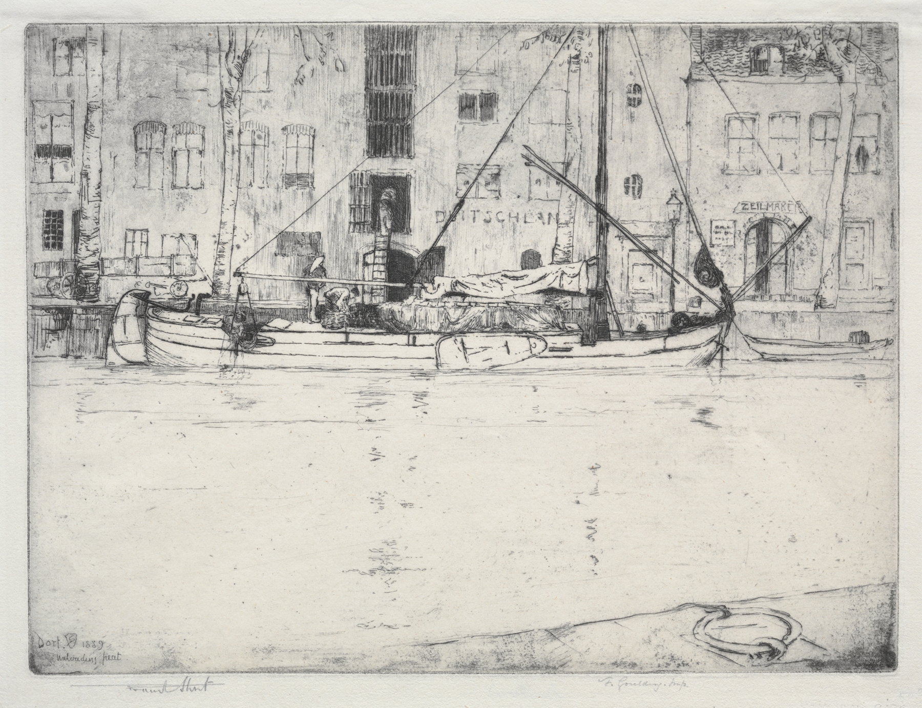 Engraving by Sir Frank Short depicting laborers unloading peat in a landscape.