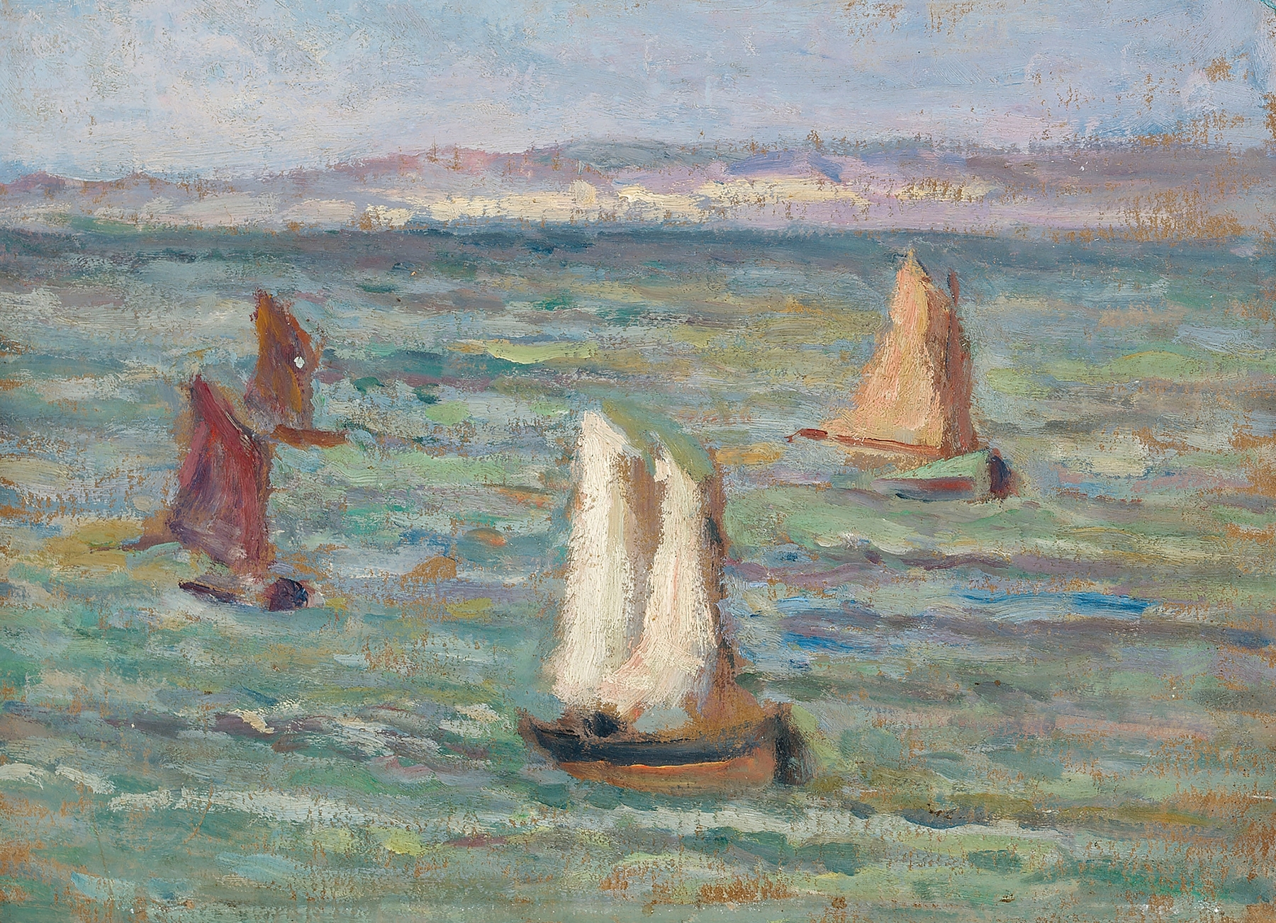 Bateaux aux environs d’Honfleur by Maximilien Luce, oil on canvas depicting boats on water at sunset