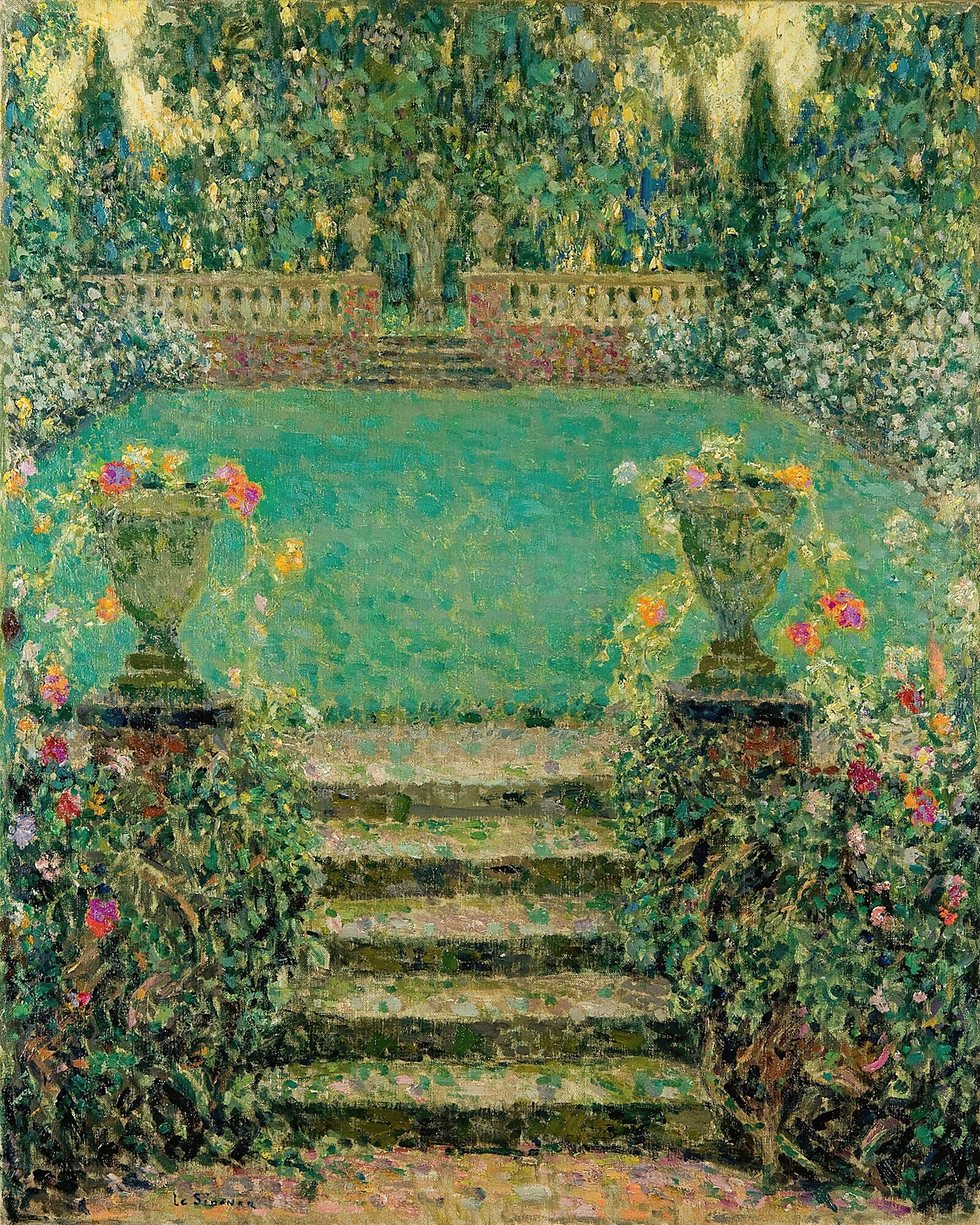 Les Marches Du Jardin, oil on canvas by Henri Le Sidaner, depicting a garden at twilight with a lantern.